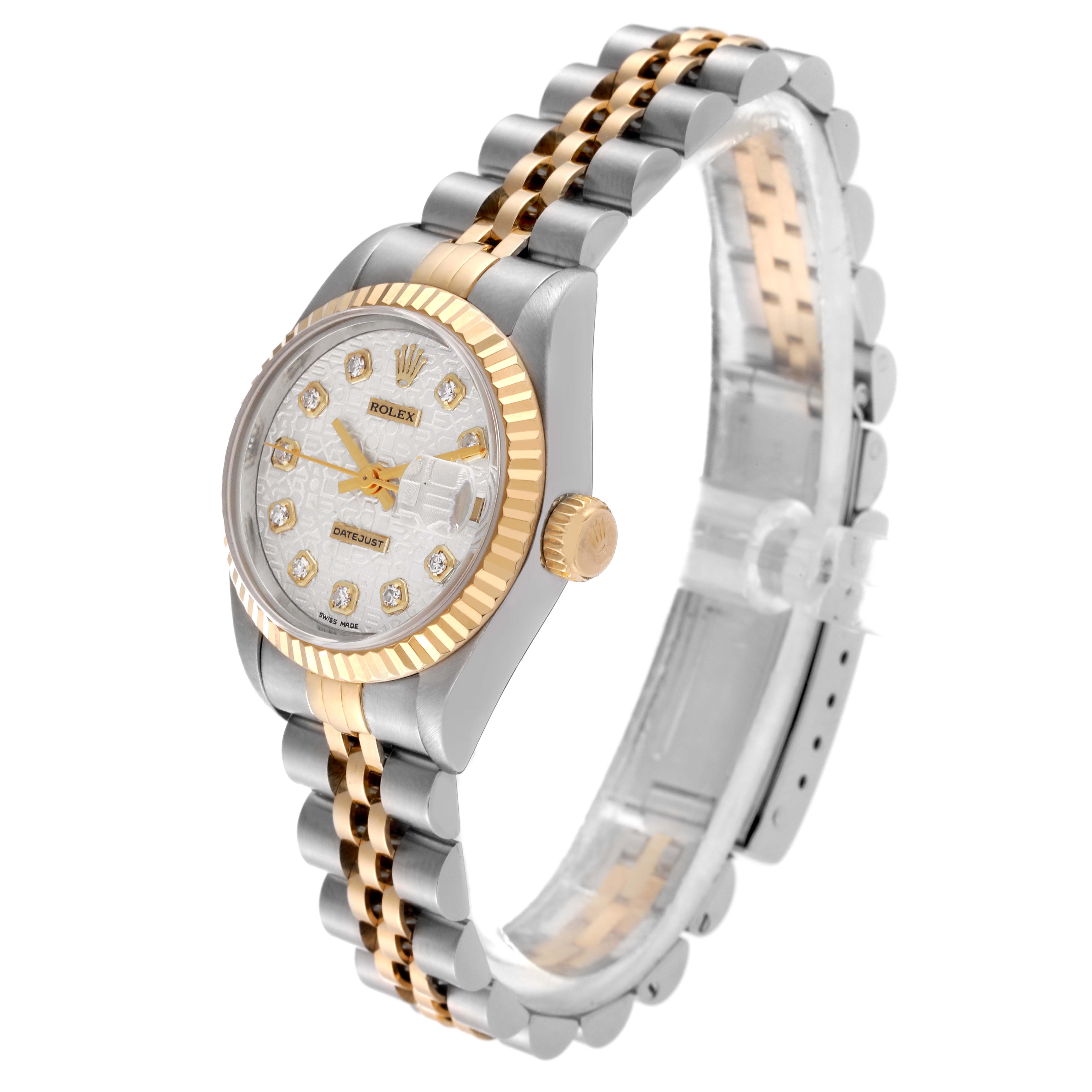 This Rolex Datejust 69173 Women's Steel and Gold (two tone) Silver Dial 69173 Women's Steel and Gold (two tone) Silver Dial watch is shown at a three-quarter angle featuring its bezel, dial, and two-tone bracelet.