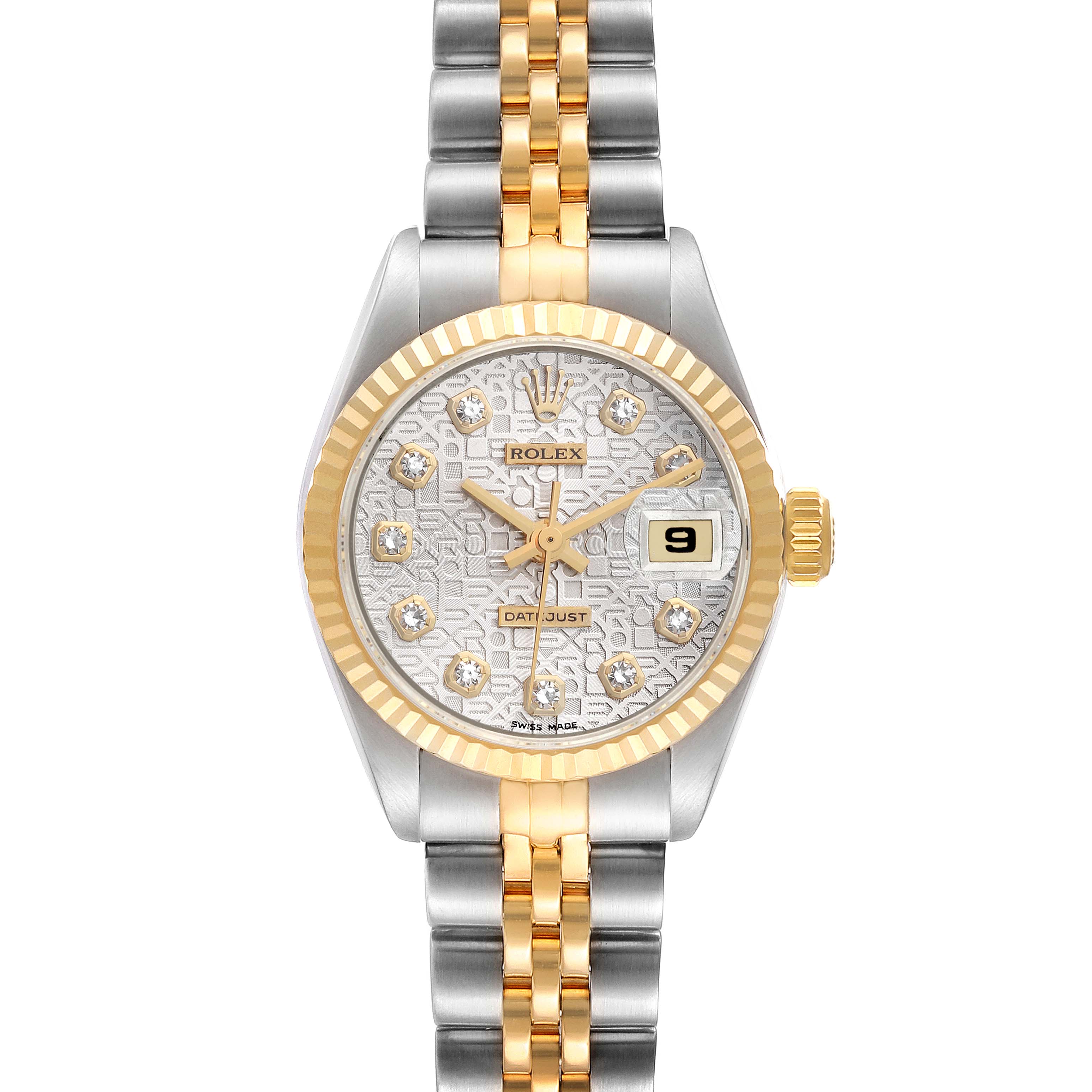 This image shows a front view of a Rolex Datejust 69173 Women's Steel and Gold (two tone) Silver Dial 69173 Women's Steel and Gold (two tone) Silver Dial watch, highlighting its two-tone bracelet, gold bezel, and patterned dial with diamonds.