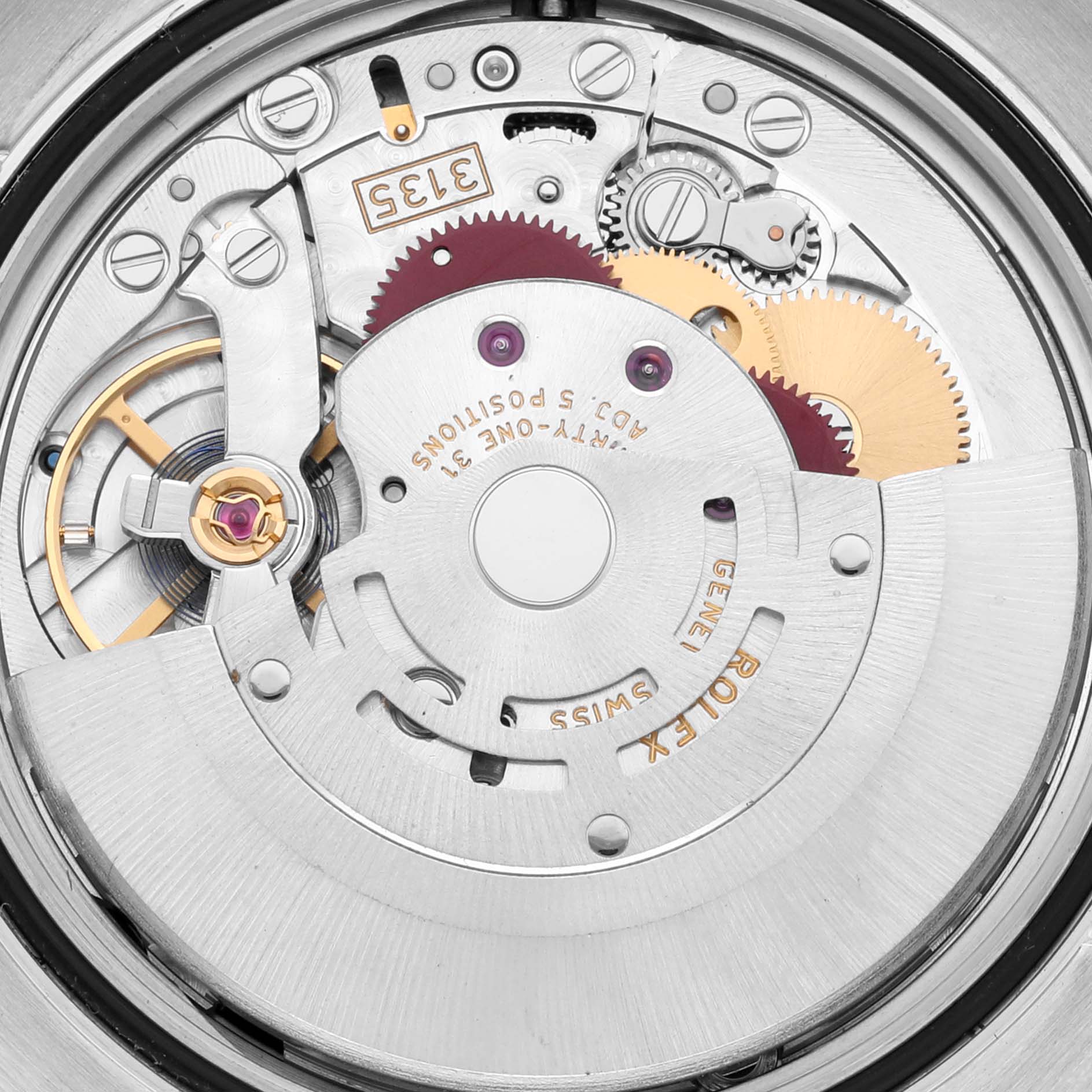 The image shows a close-up view of the movement mechanism of a Rolex Datejust 116243 Men's Steel and Gold (two tone) Black Dial 116243 Men's Steel and Gold (two tone) Black Dial watch, highlighting gears and intricate parts.