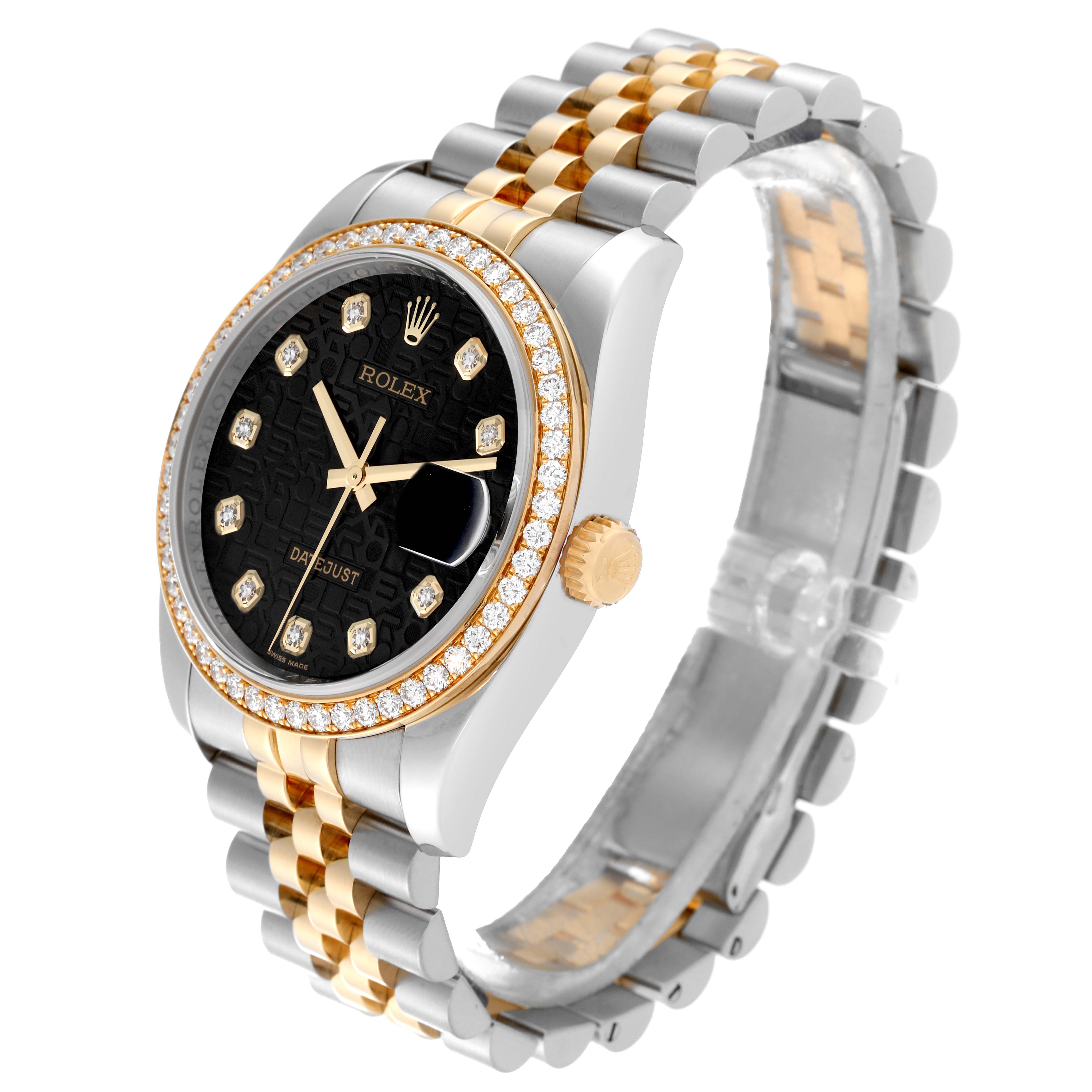 The Rolex Datejust 116243 Men's Steel and Gold (two tone) Black Dial 116243 Men's Steel and Gold (two tone) Black Dial watch is shown at a slight angled view, highlighting its bezel, dial, bracelet, and crown.
