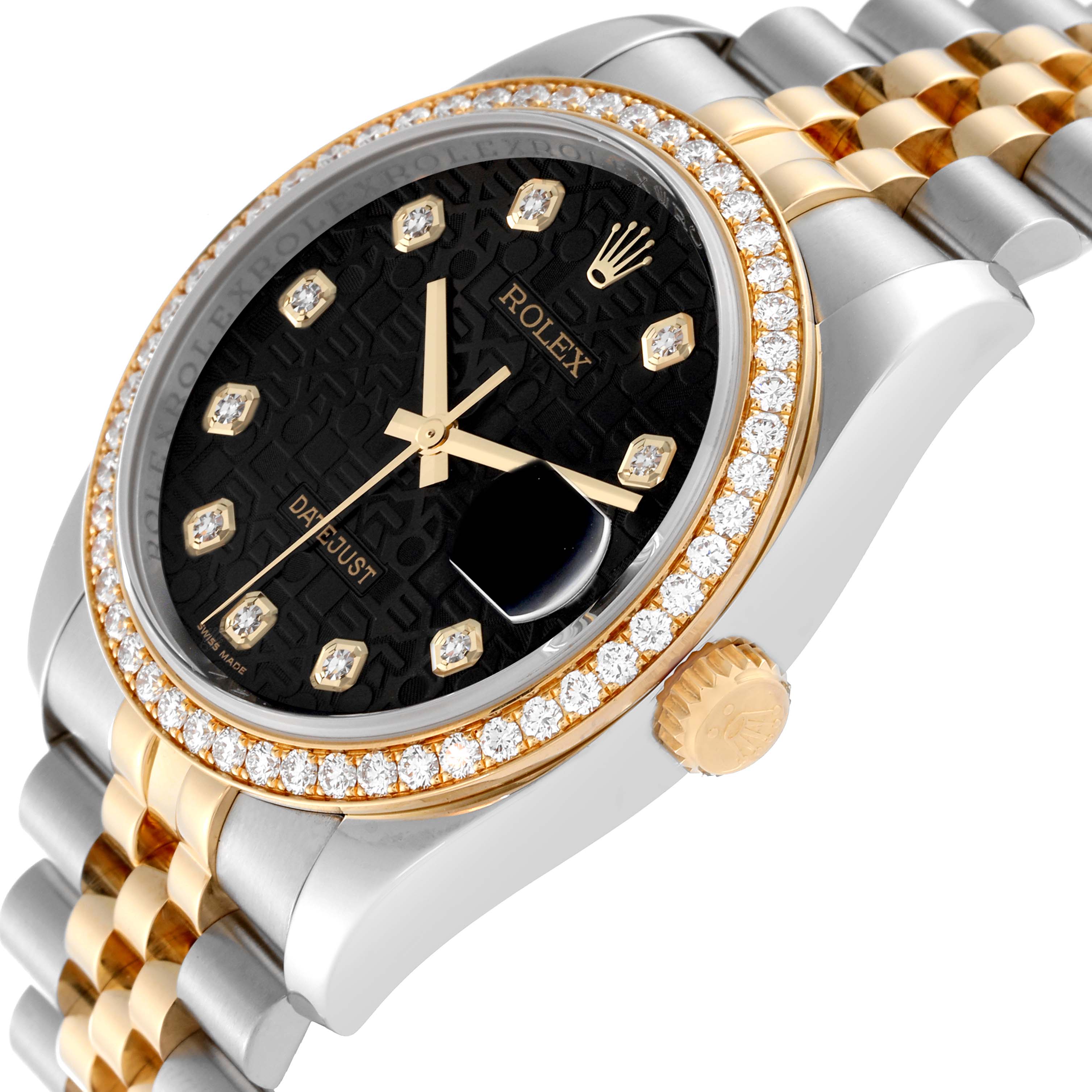 The Rolex Datejust 116243 Men's Steel and Gold (two tone) Black Dial 116243 Men's Steel and Gold (two tone) Black Dial watch is shown at an angle displaying the gold and diamond bezel, black dial, crown, and two-tone bracelet.