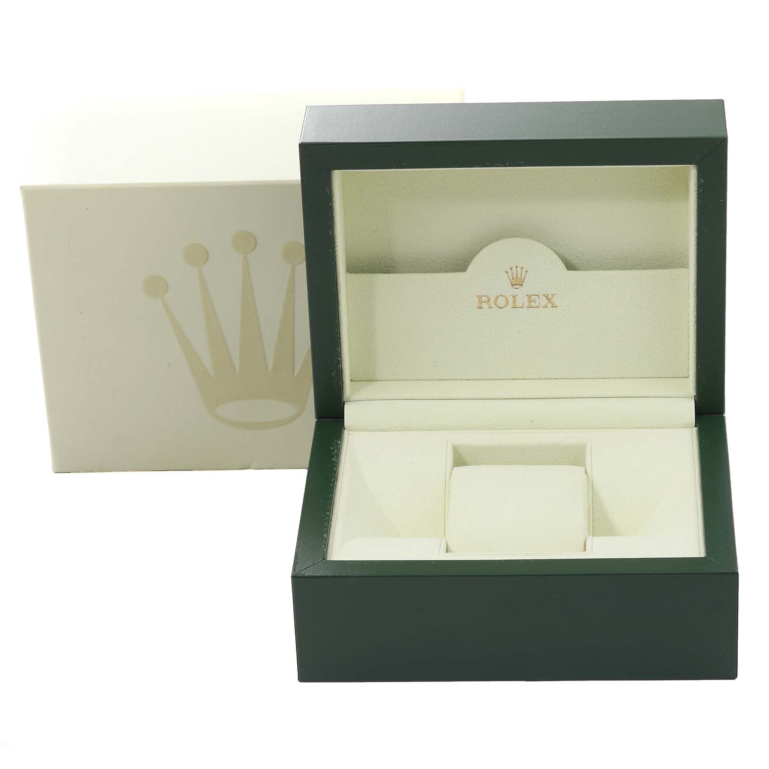 The image shows an open Rolex Datejust 116243 Men's Steel and Gold (two tone) Black Dial 116243 Men's Steel and Gold (two tone) Black Dial watch box at a front angle, with the logo displayed inside.