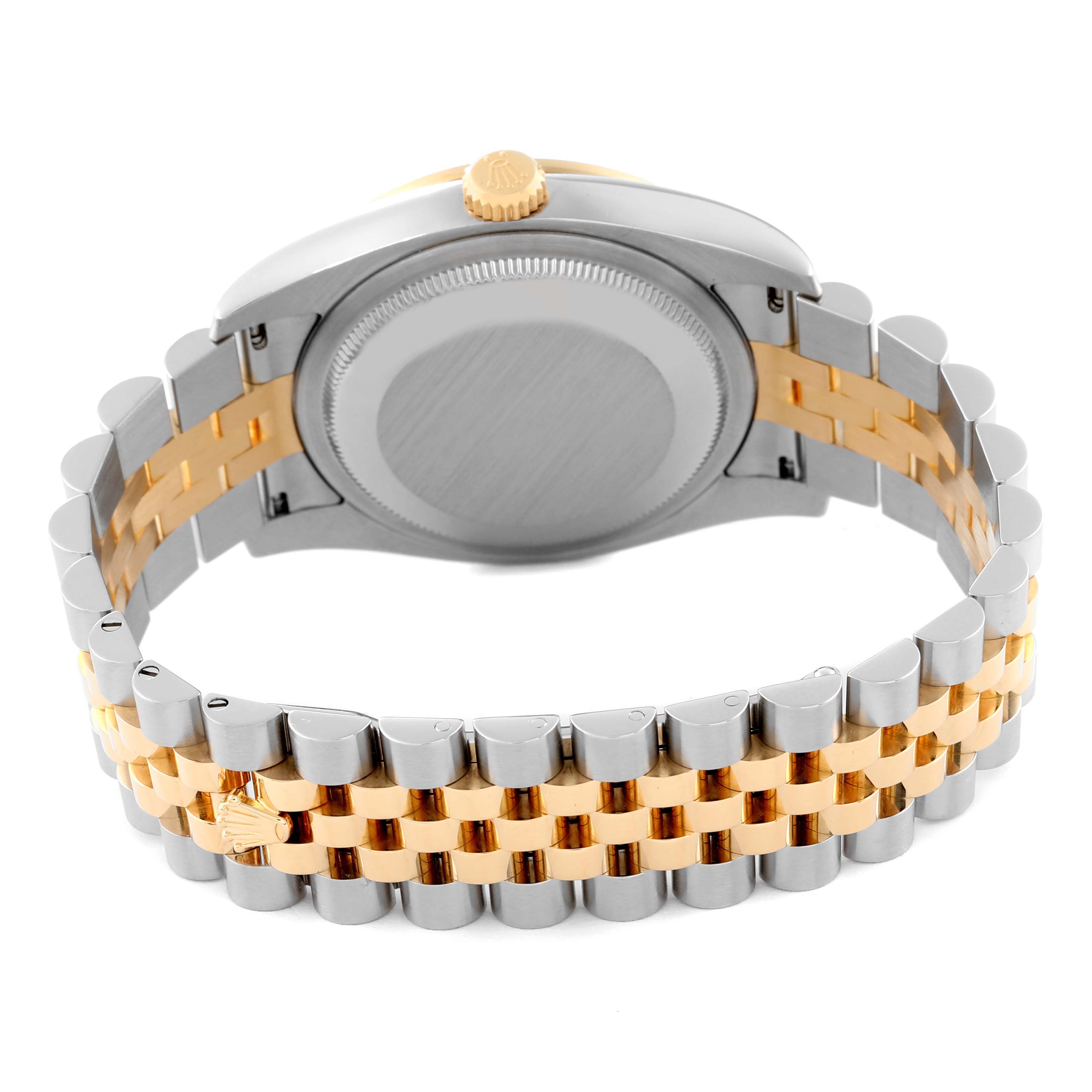 This image shows the back of a Rolex Datejust 116243 Men's Steel and Gold (two tone) Black Dial 116243 Men's Steel and Gold (two tone) Black Dial watch, focusing on the two-tone Jubilee bracelet and caseback.