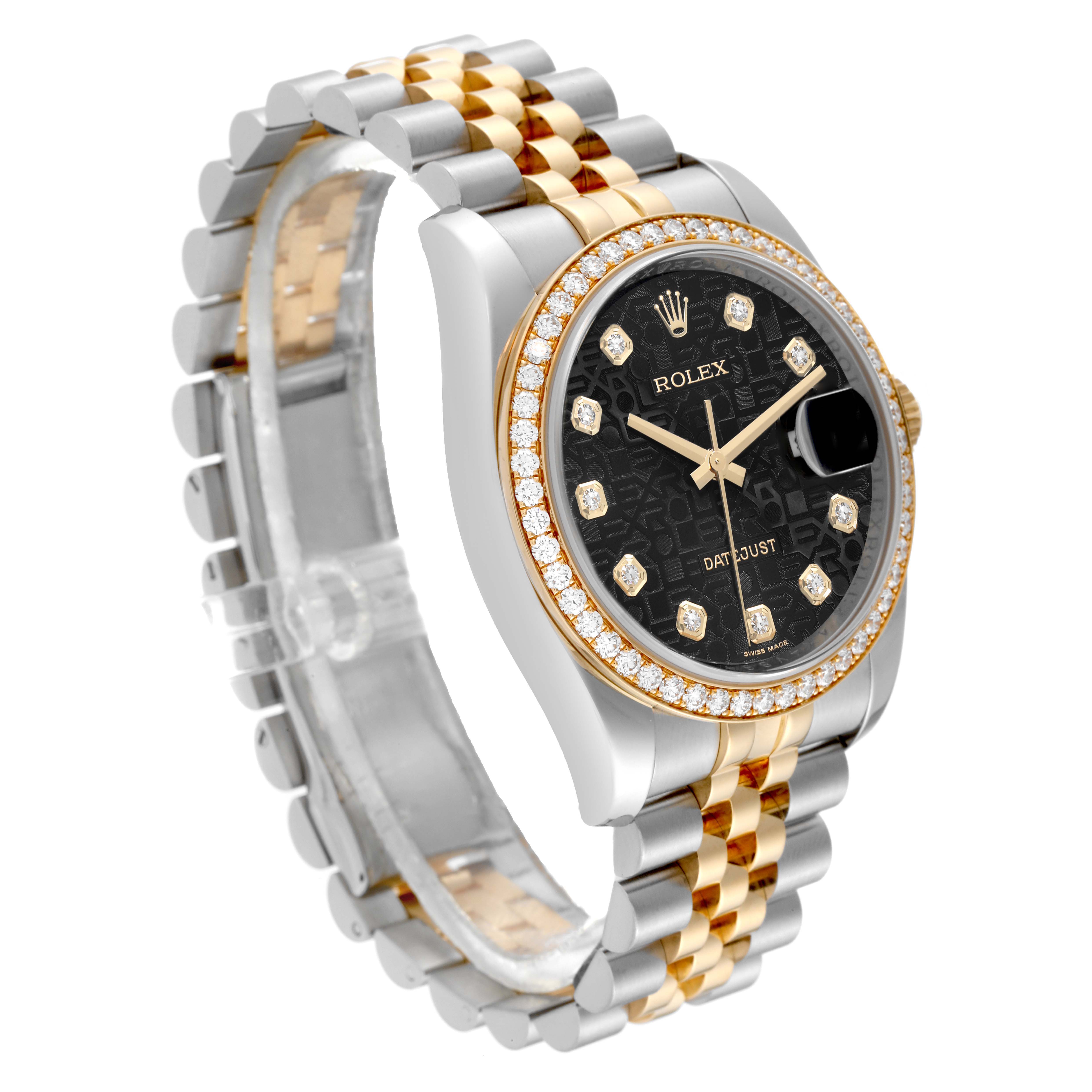 The Rolex Datejust 116243 Men's Steel and Gold (two tone) Black Dial 116243 Men's Steel and Gold (two tone) Black Dial watch is shown at an angle highlighting its two-tone bracelet, diamond-studded bezel, and face.