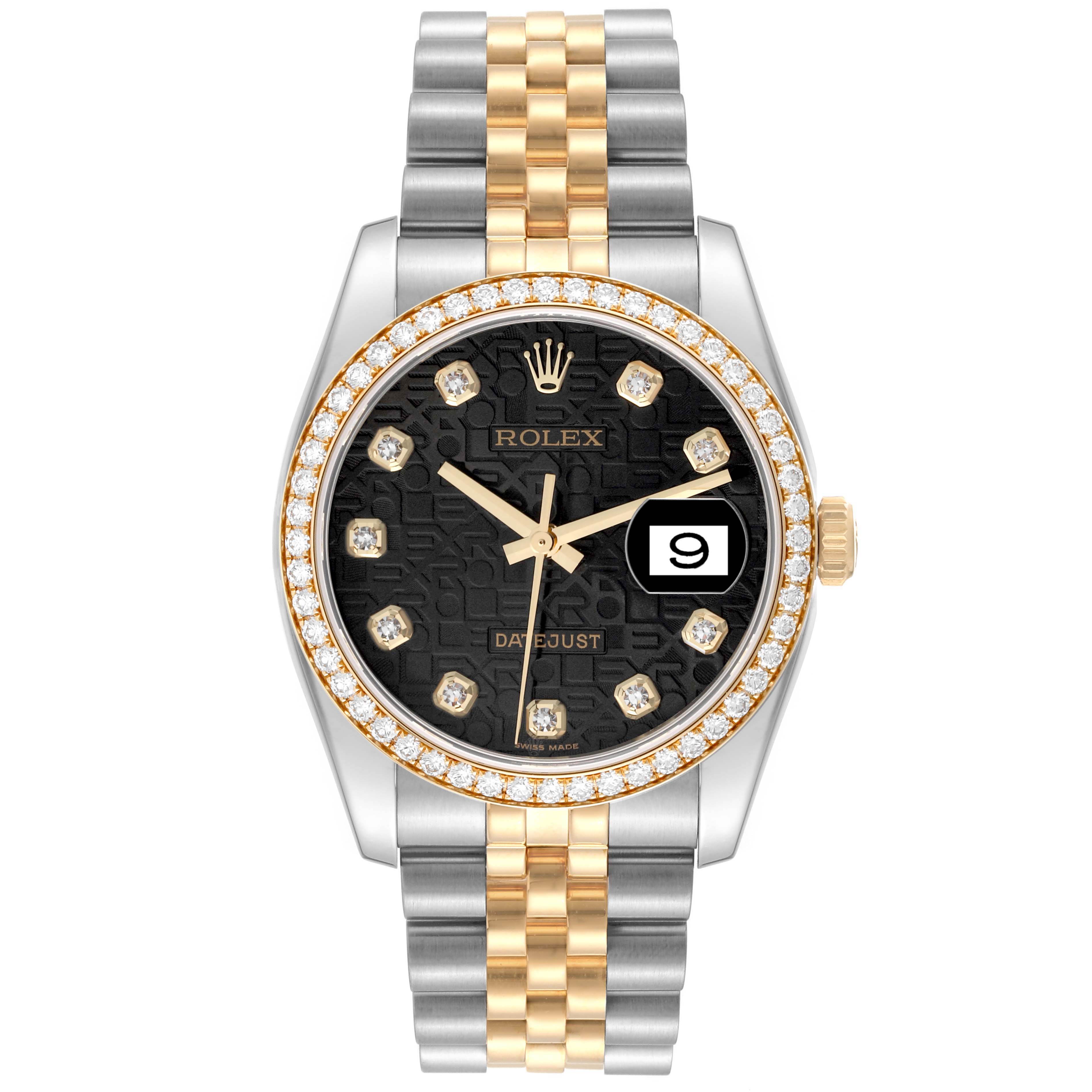 The Rolex Datejust 116243 Men's Steel and Gold (two tone) Black Dial 116243 Men's Steel and Gold (two tone) Black Dial watch is shown from a front angle, highlighting the face, bezel, and bracelet.
