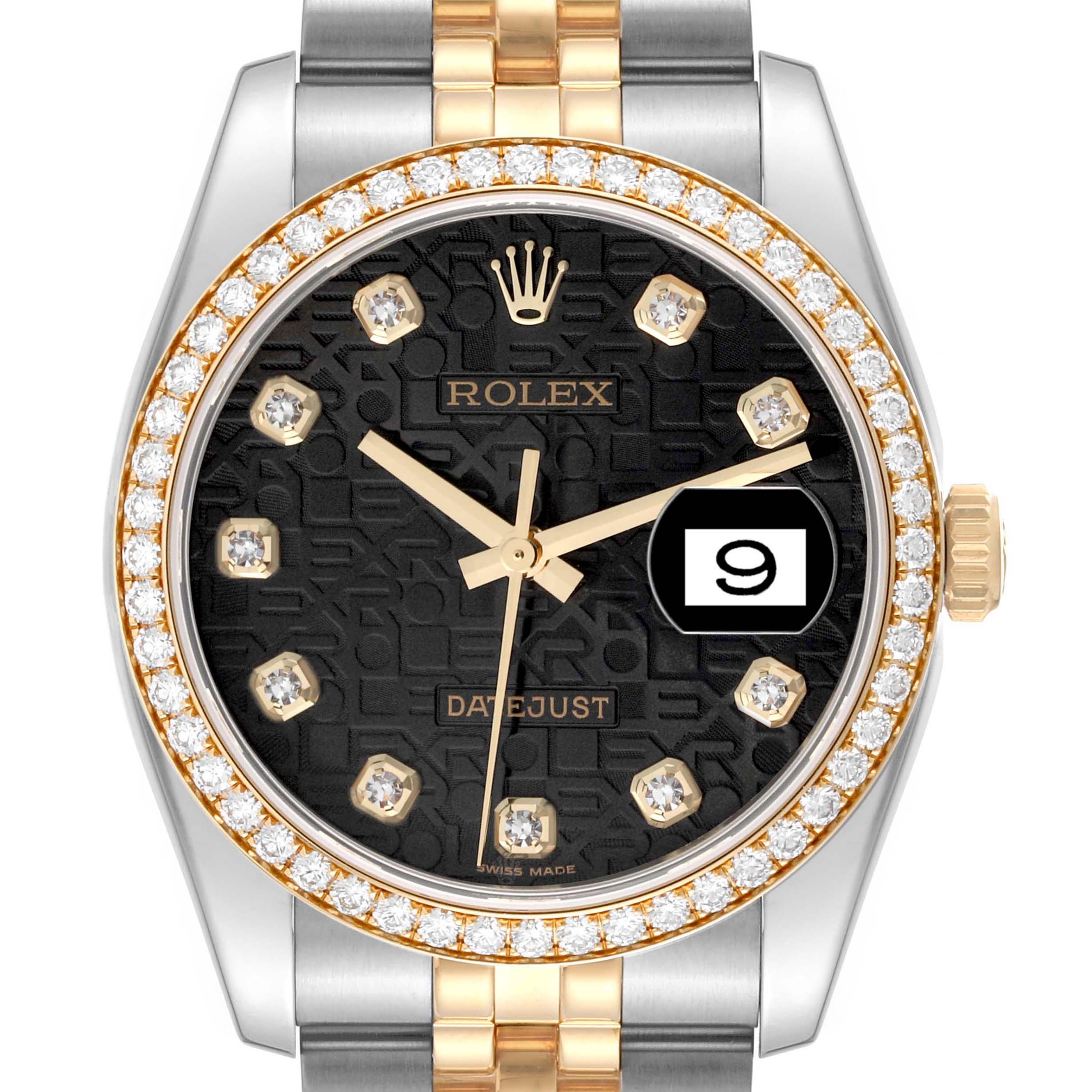 The Rolex Datejust 116243 Men's Steel and Gold (two tone) Black Dial 116243 Men's Steel and Gold (two tone) Black Dial is shown from the front, featuring a diamond bezel, black dial, and two-tone bracelet.