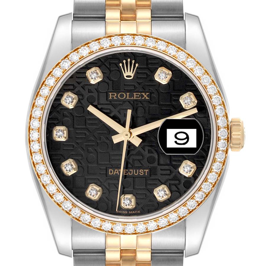 The Rolex Datejust is shown from the front, featuring a diamond bezel, black dial, and two-tone bracelet.