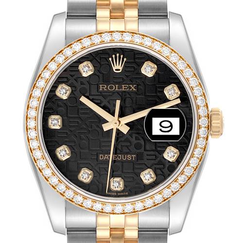 The image shows a Rolex Datejust watch's face and part of the bracelet, focusing on the dial, date window, and diamond accents.