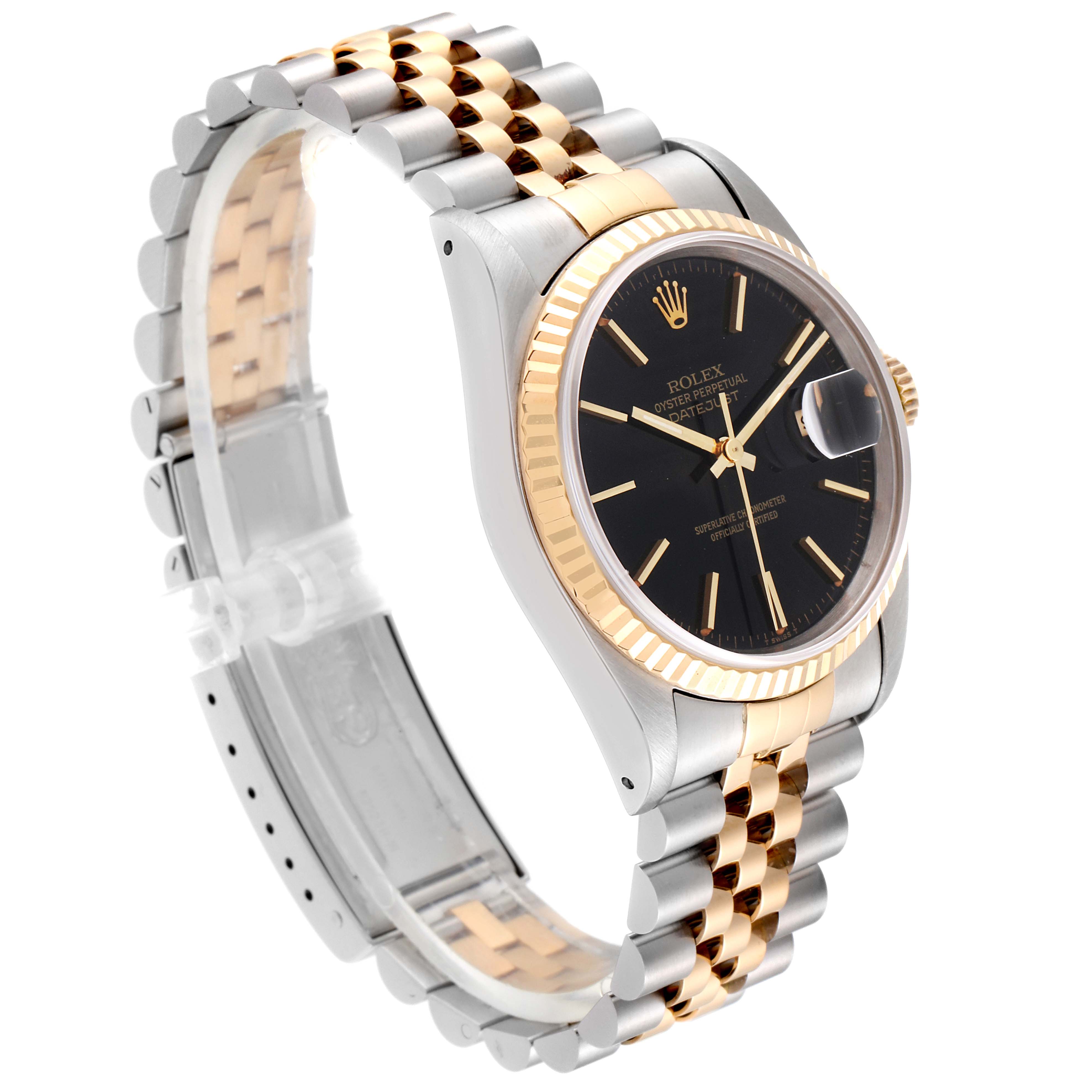 The image displays a side and angled view of a Rolex Datejust 16233 Men's Steel and Gold (two tone) Black Dial 16233 Men's Steel and Gold (two tone) Black Dial watch, highlighting its two-tone bracelet and black dial.