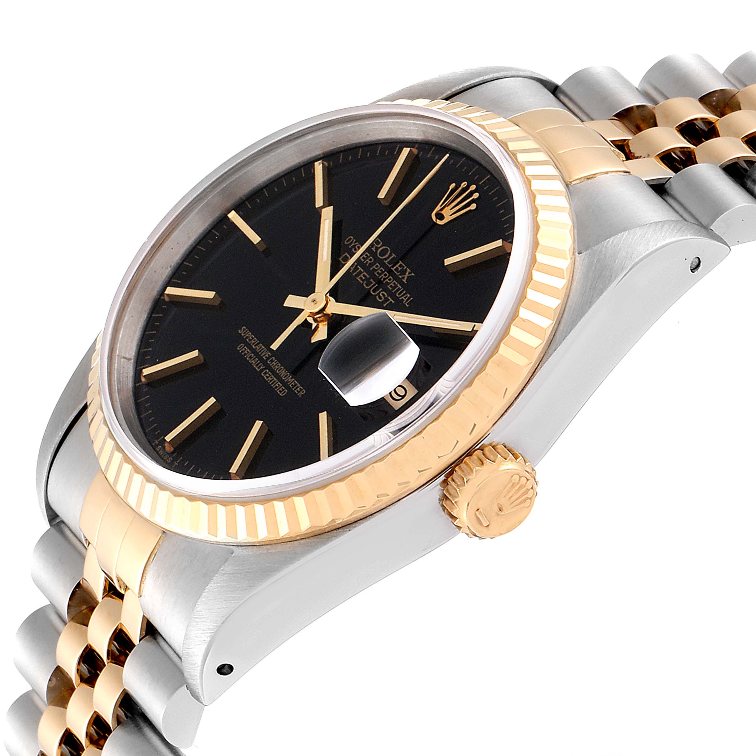 The image shows a side-angle view of a Rolex Datejust 16233 Men's Steel and Gold (two tone) Black Dial 16233 Men's Steel and Gold (two tone) Black Dial watch, highlighting the crown, bezel, and part of the bracelet.