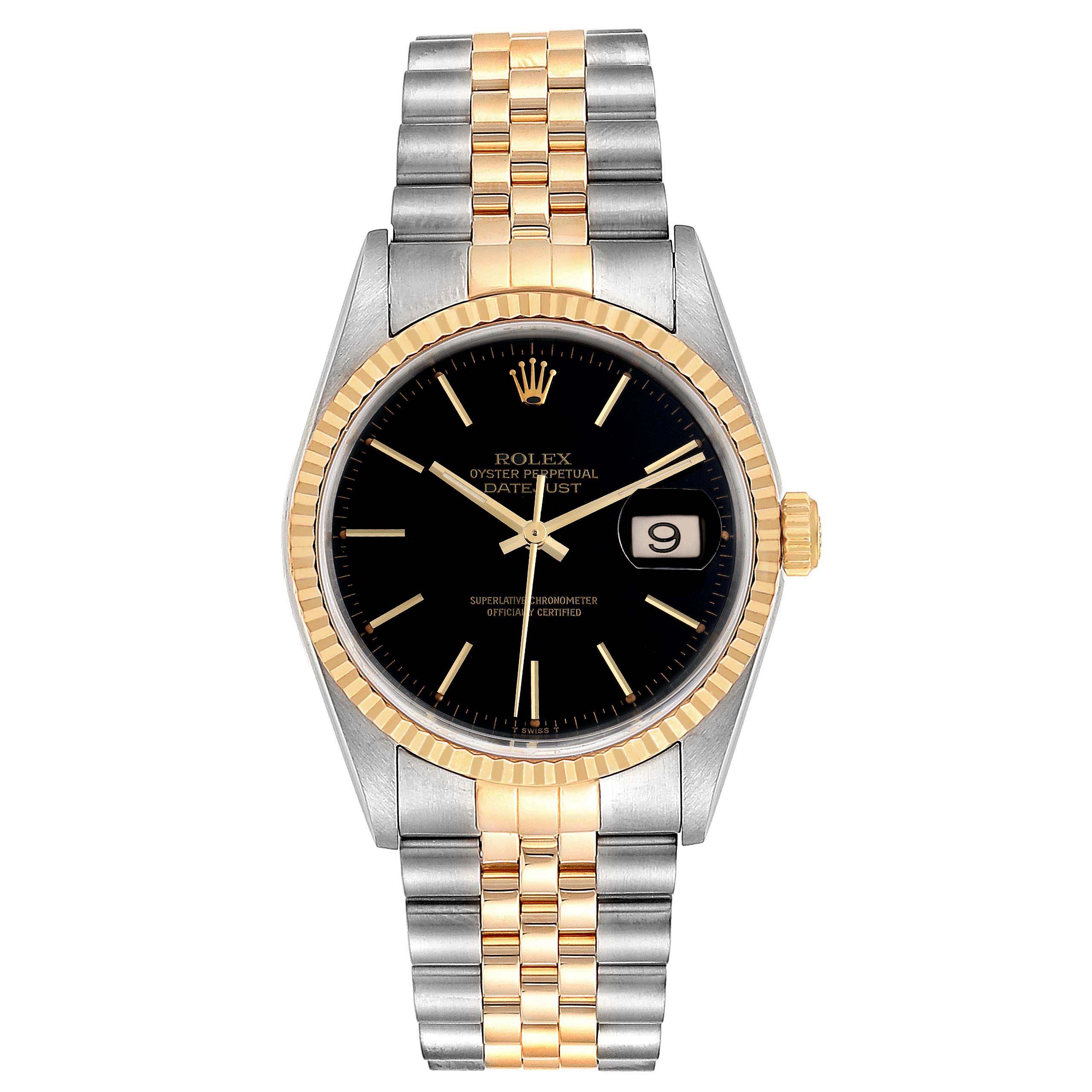 This image shows a Rolex Datejust 16233 Men's Steel and Gold (two tone) Black Dial 16233 Men's Steel and Gold (two tone) Black Dial watch from a frontal angle, displaying the dial, bezel, and bracelet.