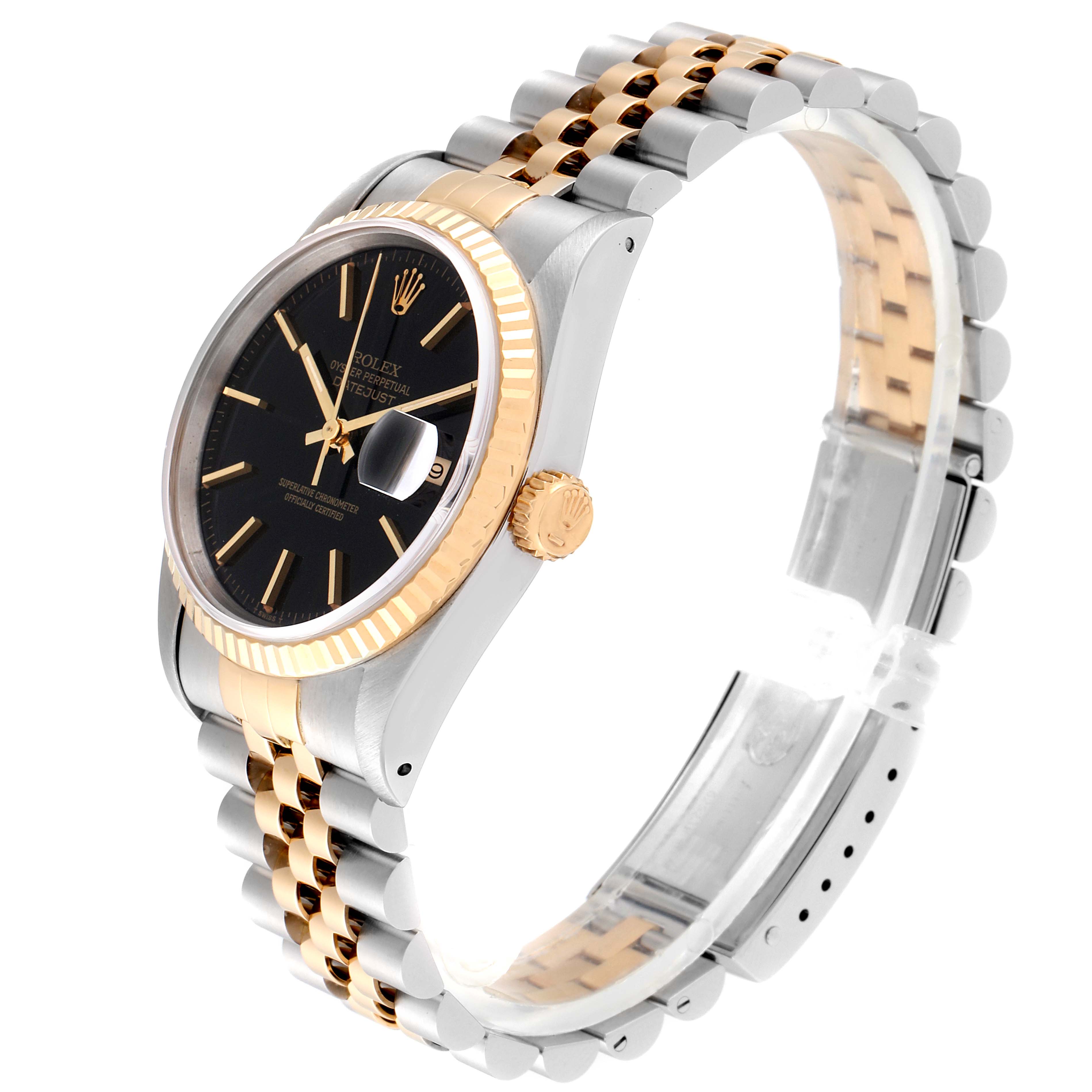 This image shows a side and front angle of a Rolex Datejust 16233 Men's Steel and Gold (two tone) Black Dial 16233 Men's Steel and Gold (two tone) Black Dial watch, highlighting its two-tone band, black dial, fluted bezel, and Cyclops lens.