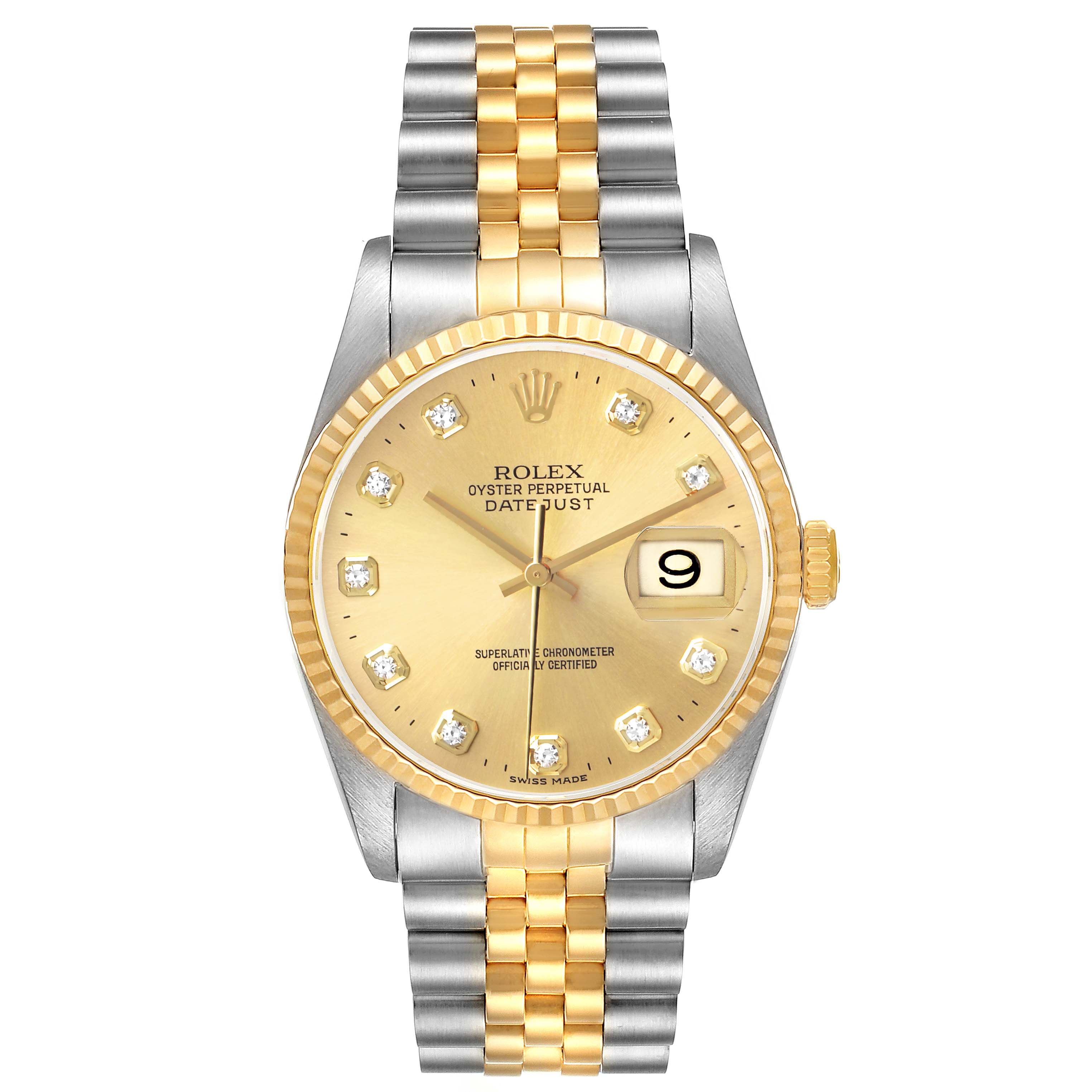 The Rolex Datejust 116233 Men's Steel and Gold (two tone) Champagne Dial watch is shown from the front, highlighting the dial, bezel, and two-tone bracelet.