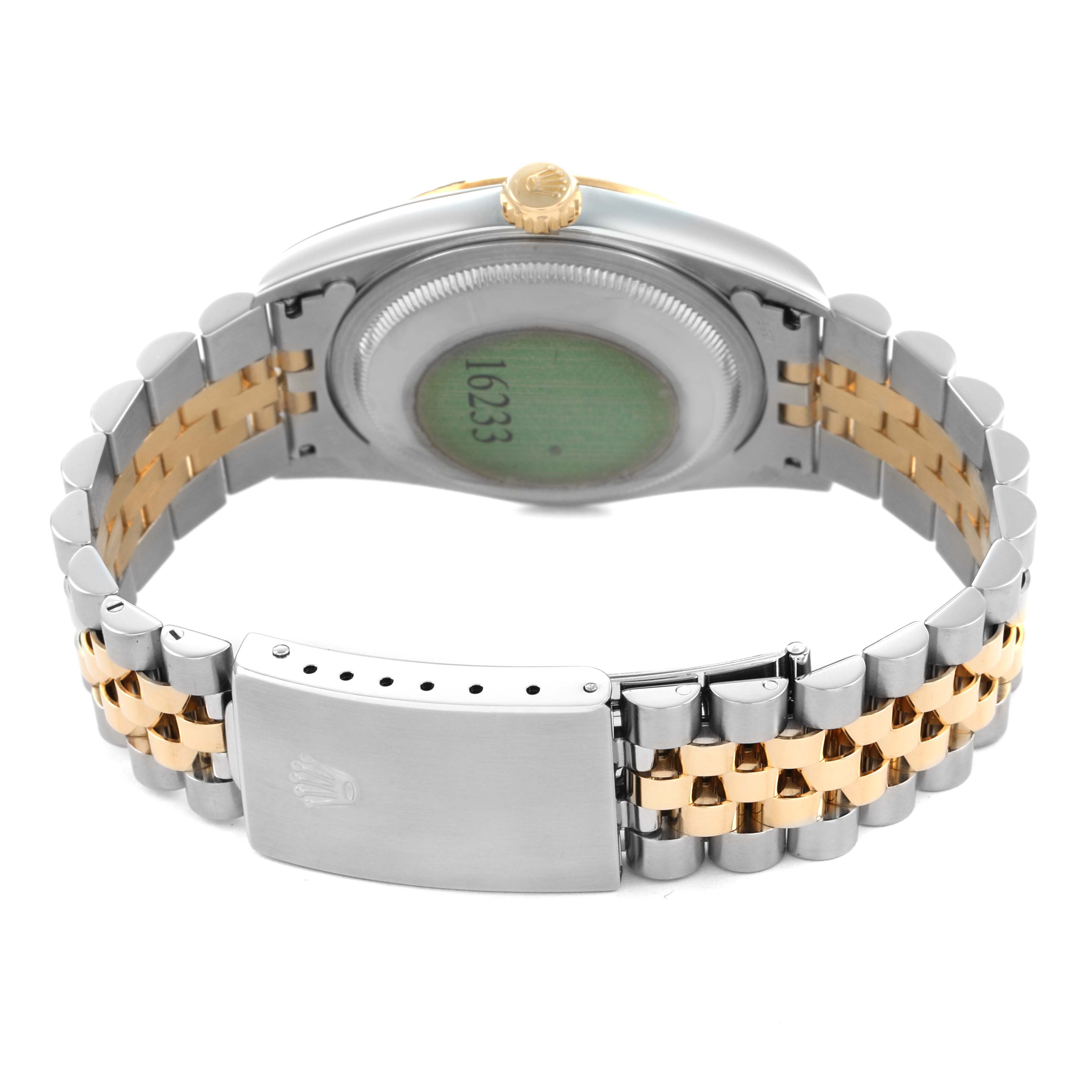 The image shows the back and clasp of the Rolex Datejust 116233 Men's Steel and Gold (two tone) Champagne Dial watch, highlighting the two-tone bracelet and case back.
