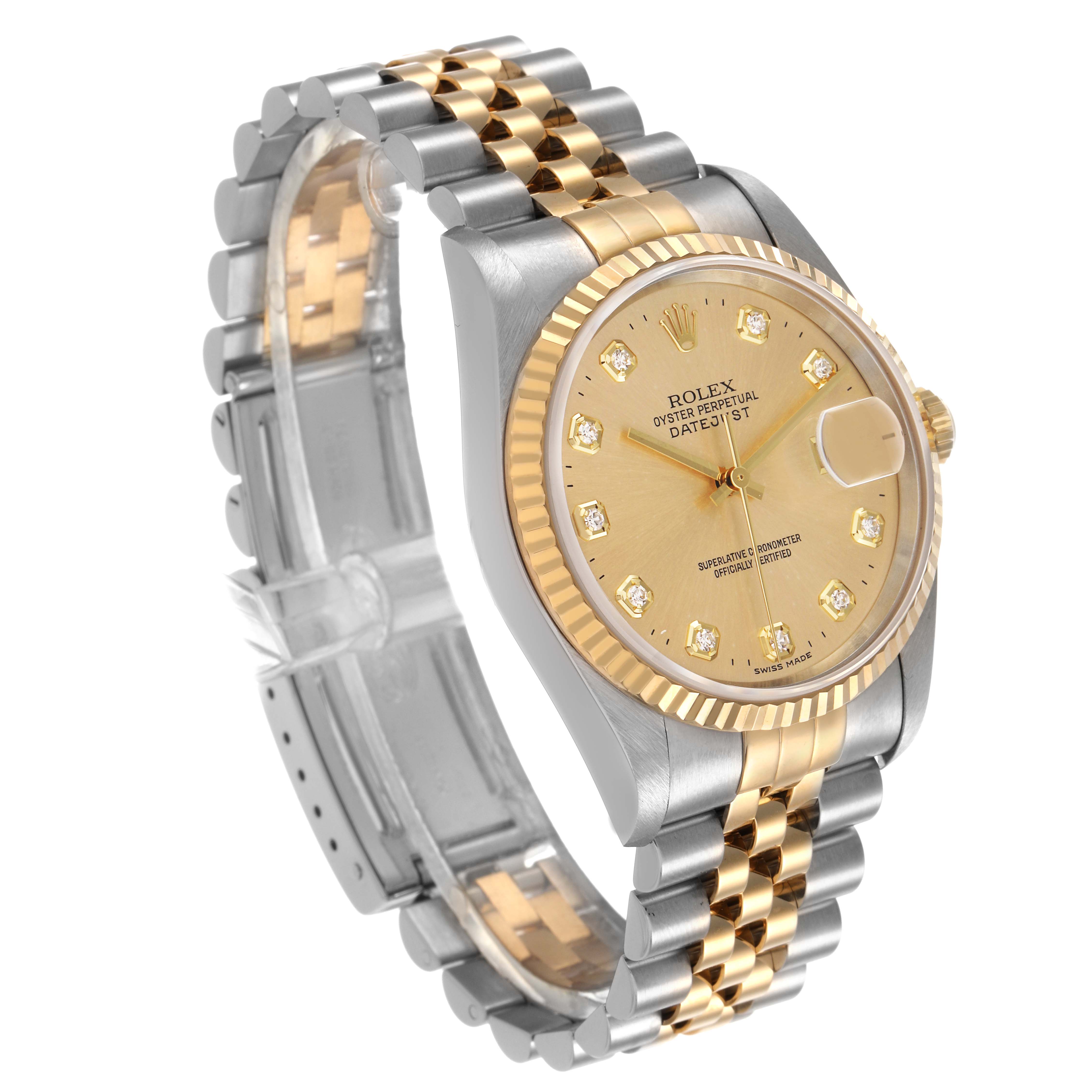 The Rolex Datejust 116233 Men's Steel and Gold (two tone) Champagne Dial is shown at a three-quarter angle, highlighting the bezel, face, and two-tone bracelet.