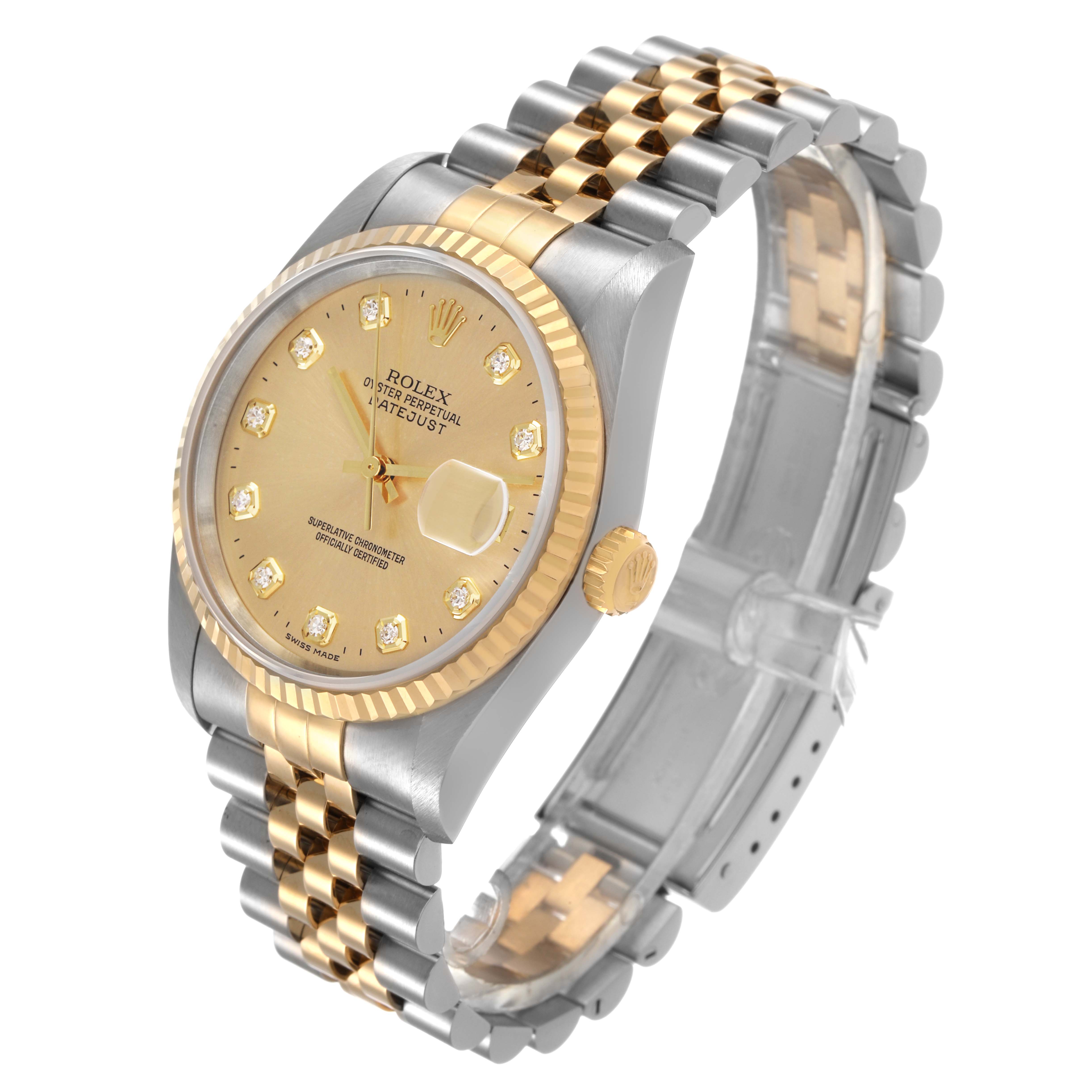 The Rolex Datejust 116233 Men's Steel and Gold (two tone) Champagne Dial watch is shown at a slight angle, highlighting the golden dial, fluted bezel, and two-tone bracelet.