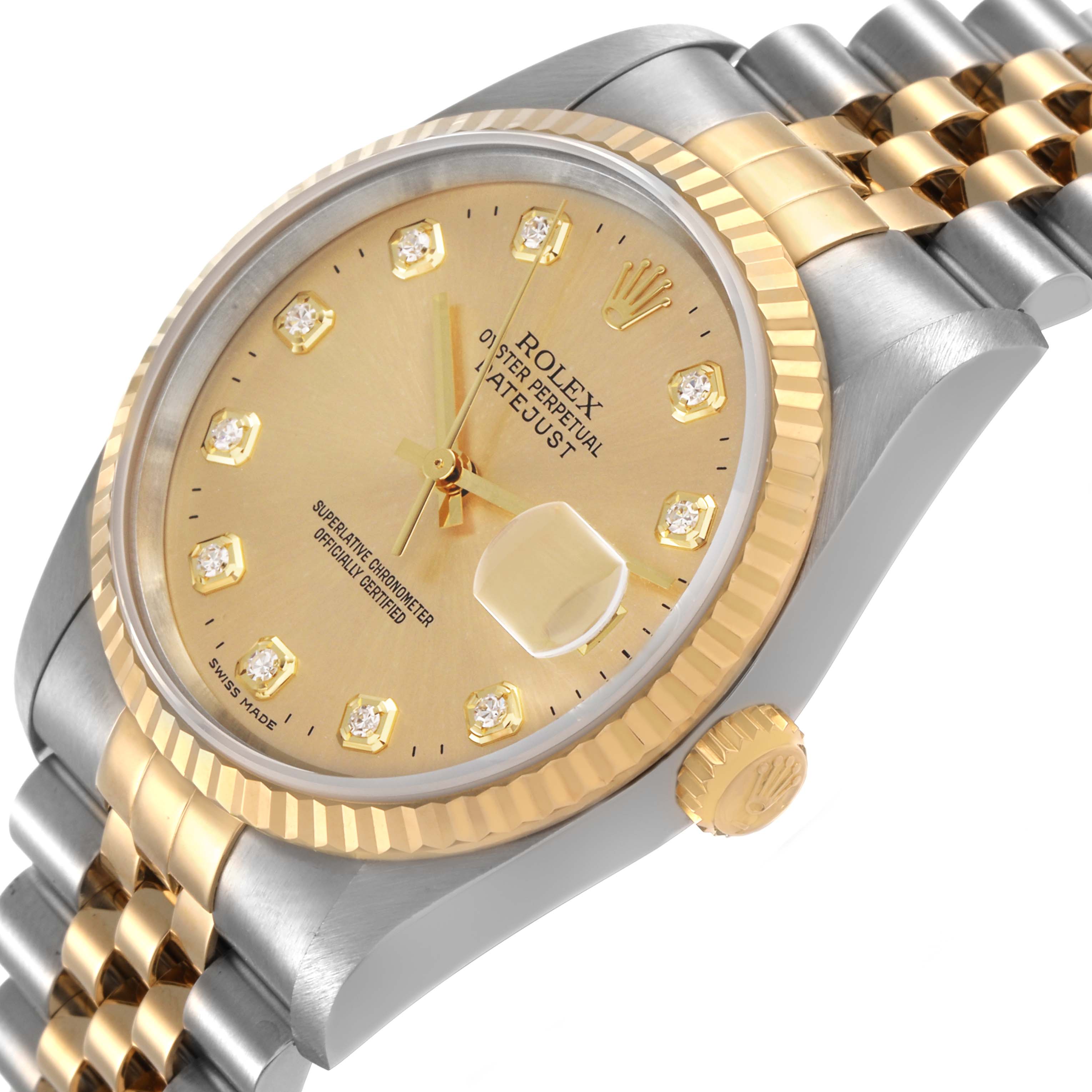 The Rolex Datejust 116233 Men's Steel and Gold (two tone) Champagne Dial is shown at an angle highlighting the gold dial, fluted bezel, crown, and Jubilee bracelet.