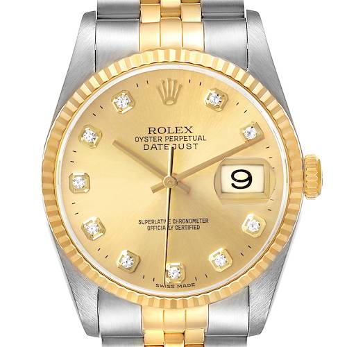 The Rolex Datejust 116233 Men's Steel and Gold (two tone) Champagne Dial watch is shown from a front angle, highlighting the gold dial, fluted bezel, and two-tone bracelet.