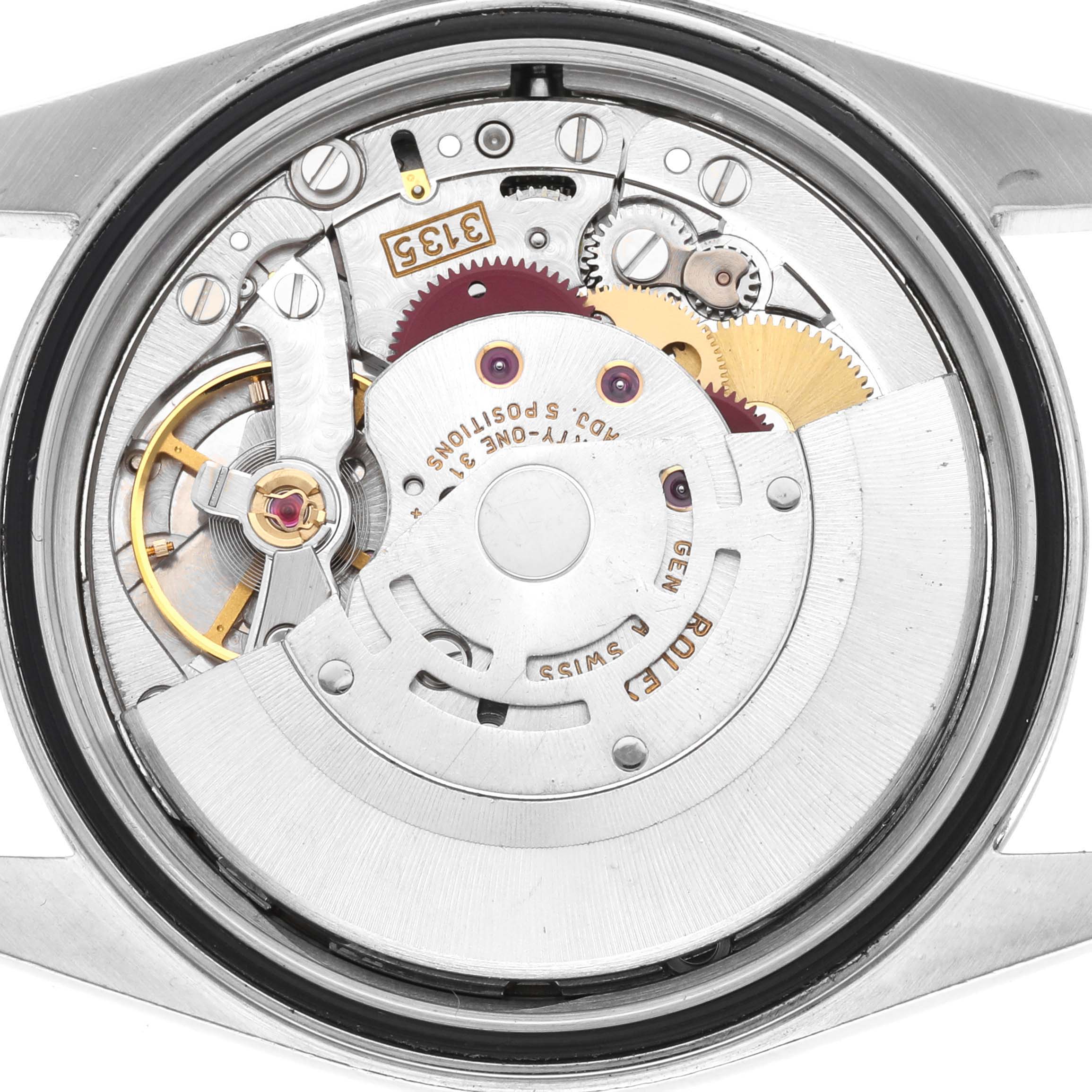 This image shows the open back view of the internal movement mechanism of a Rolex Datejust 16233 Men's Stainless Steel Champagne Dial 16233 Men's Stainless Steel Champagne Dial watch.
