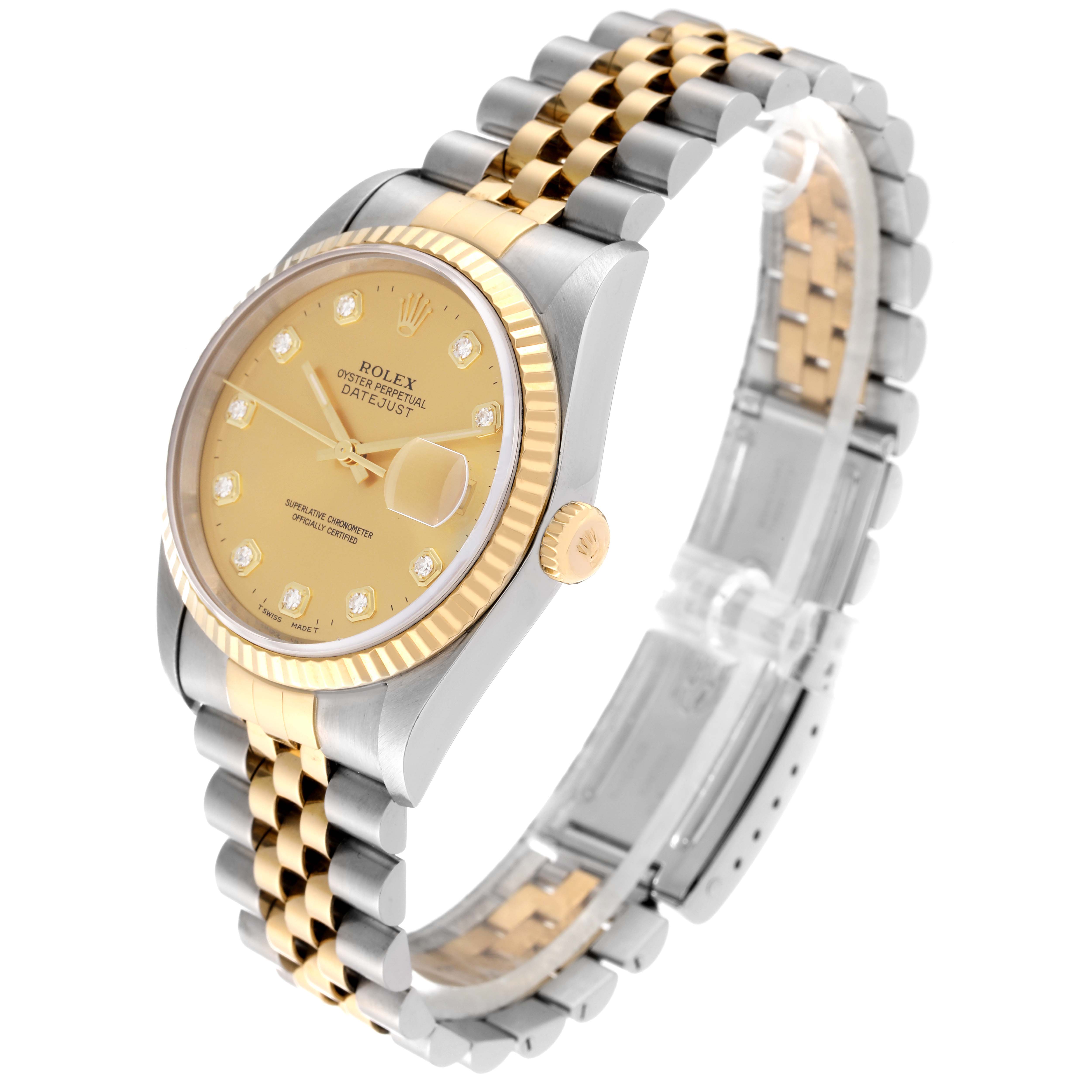 The Rolex Datejust 16233 Men's Stainless Steel Champagne Dial 16233 Men's Stainless Steel Champagne Dial watch is shown at a three-quarter angle, highlighting its gold dial, bi-metal bracelet, and fluted bezel.