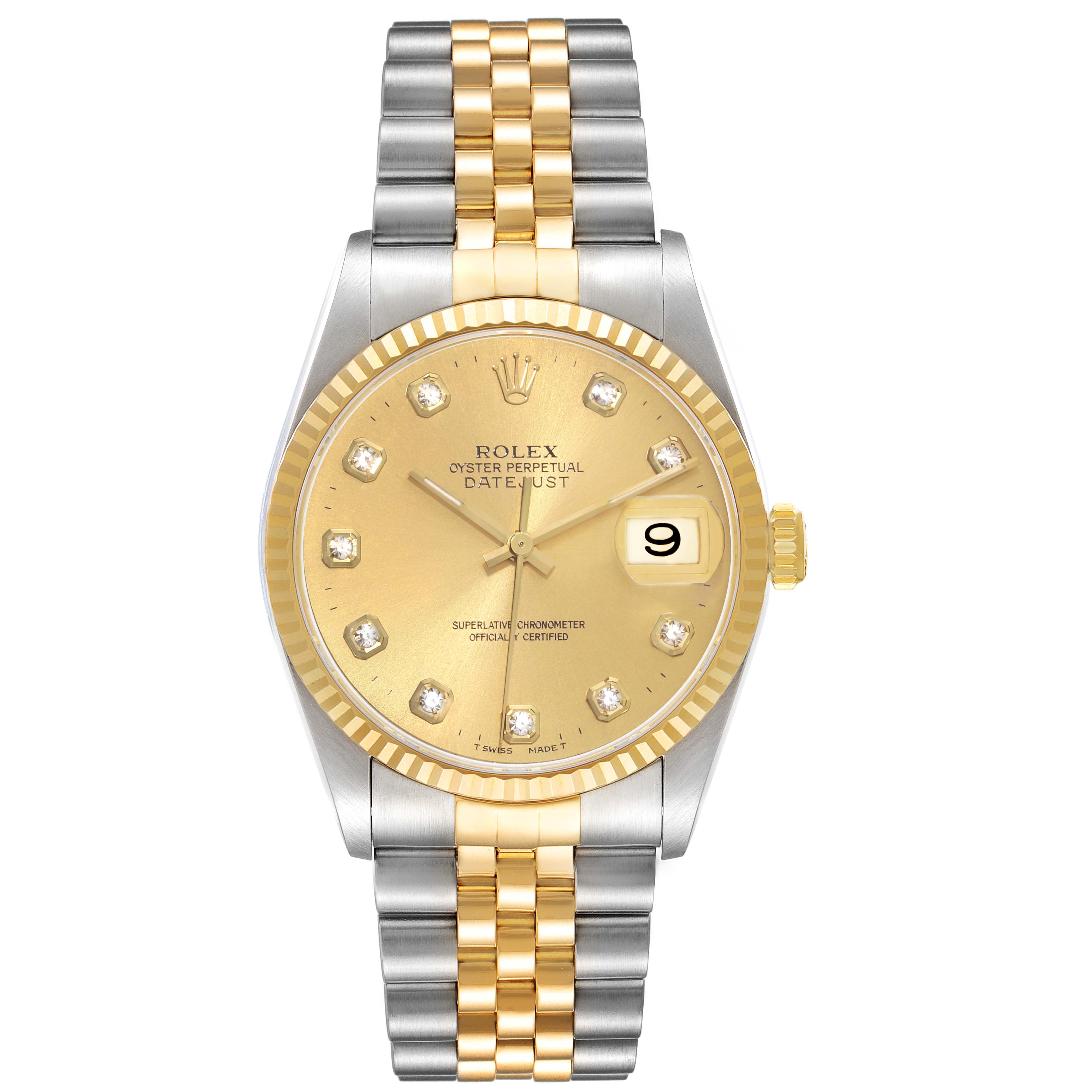 This image shows a front view of the Rolex Datejust 16233 Men's Stainless Steel Champagne Dial 16233 Men's Stainless Steel Champagne Dial watch featuring a gold dial and a two-tone metal bracelet.