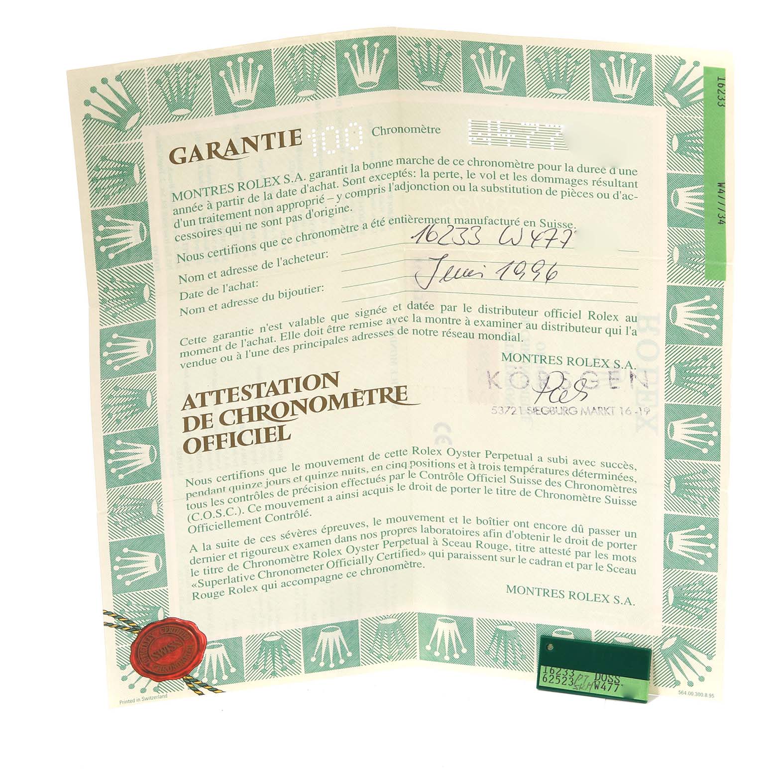 The image shows the warranty and chronometer certificate paperwork for a Rolex Datejust 16233 Men's Stainless Steel Champagne Dial 16233 Men's Stainless Steel Champagne Dial watch.