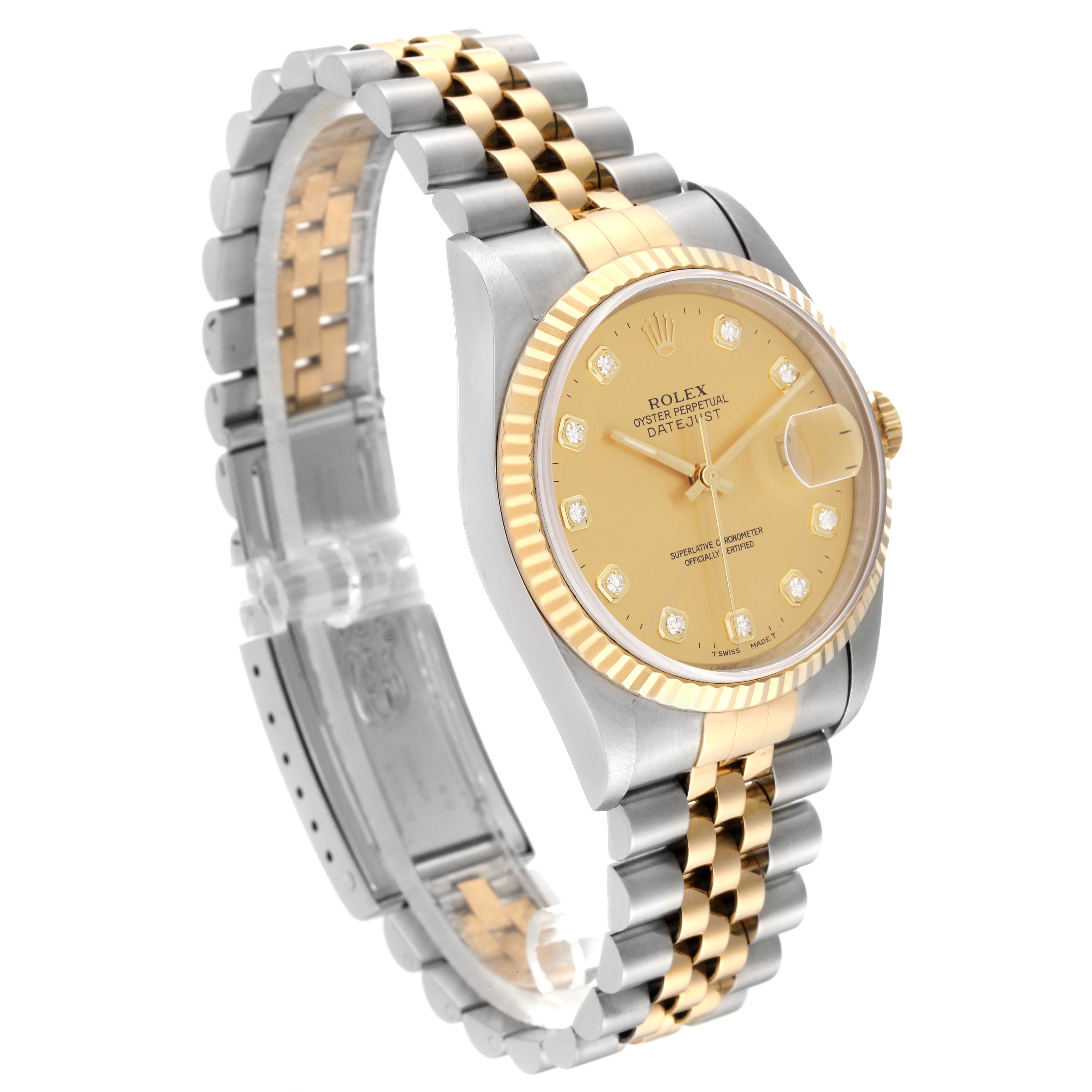 The image shows a Rolex Datejust 16233 Men's Stainless Steel Champagne Dial 16233 Men's Stainless Steel Champagne Dial watch at a three-quarter angle, displaying the watch face, bezel, and two-tone bracelet.