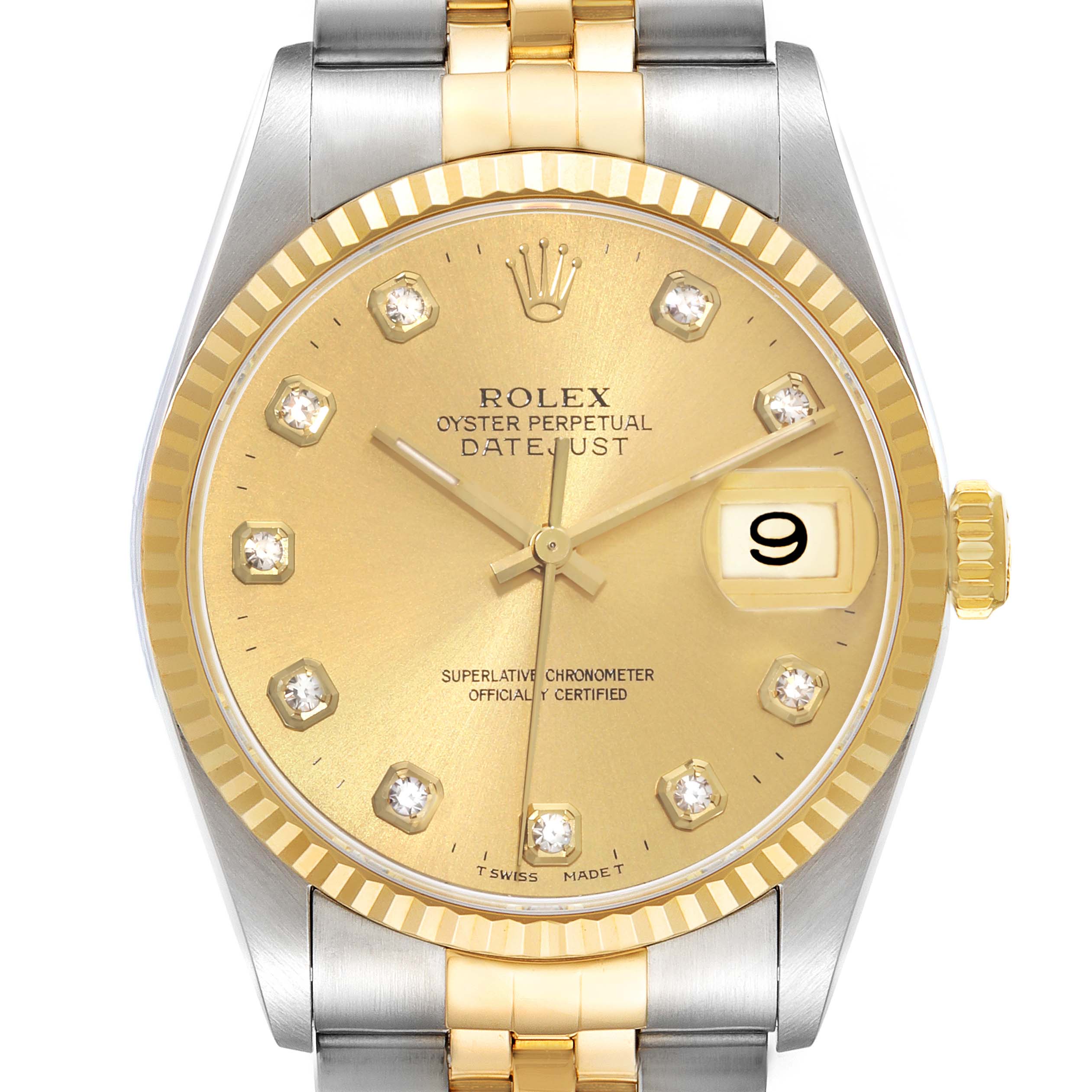 The image shows a front view of a Rolex Datejust 16233 Men's Stainless Steel Champagne Dial 16233 Men's Stainless Steel Champagne Dial watch with a gold dial, diamond hour markers, and a two-tone bracelet.