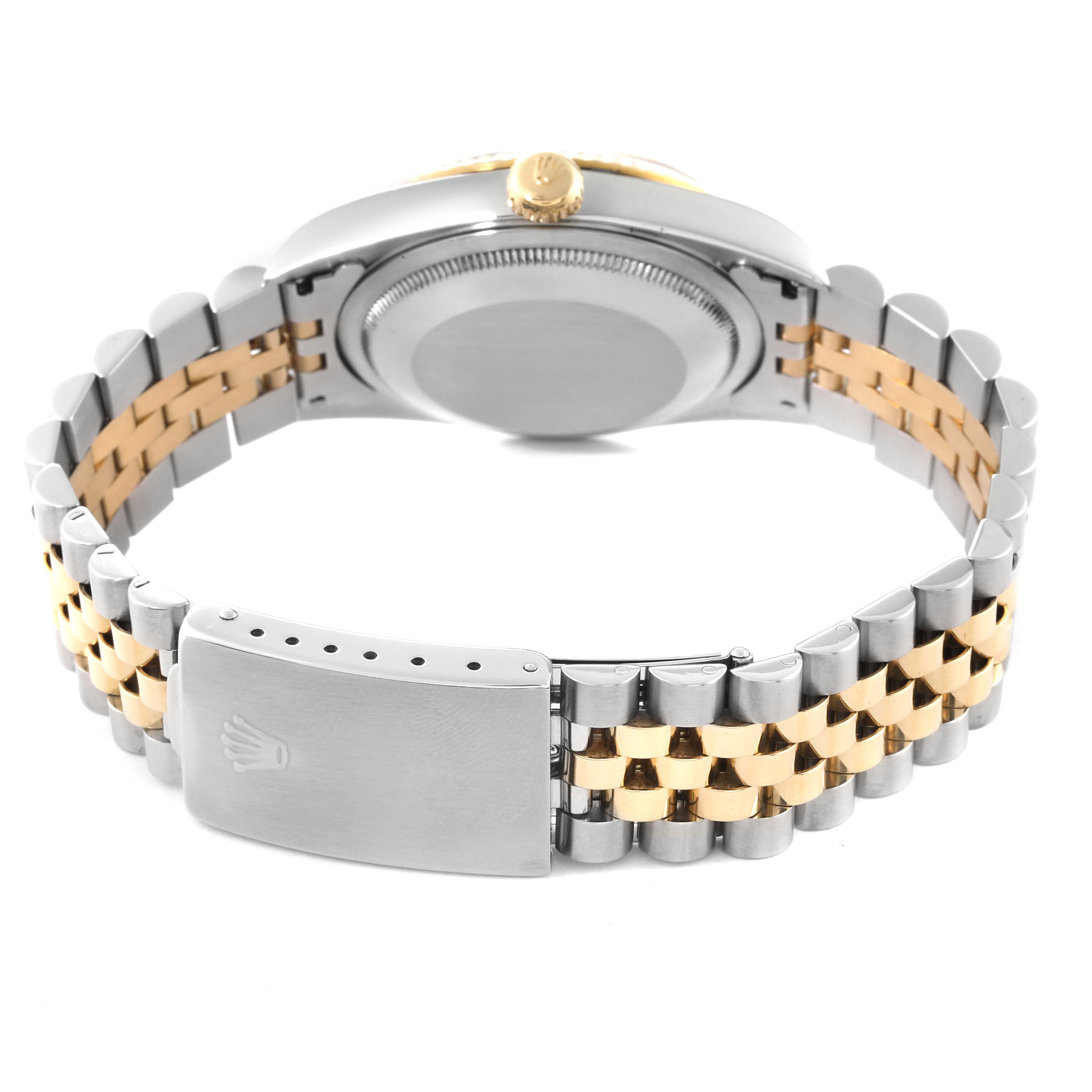 The image shows the back view of a Rolex Datejust 16233 Men's Stainless Steel Champagne Dial 16233 Men's Stainless Steel Champagne Dial watch, focusing on the case back, bezel, crown, and the two-tone bracelet.