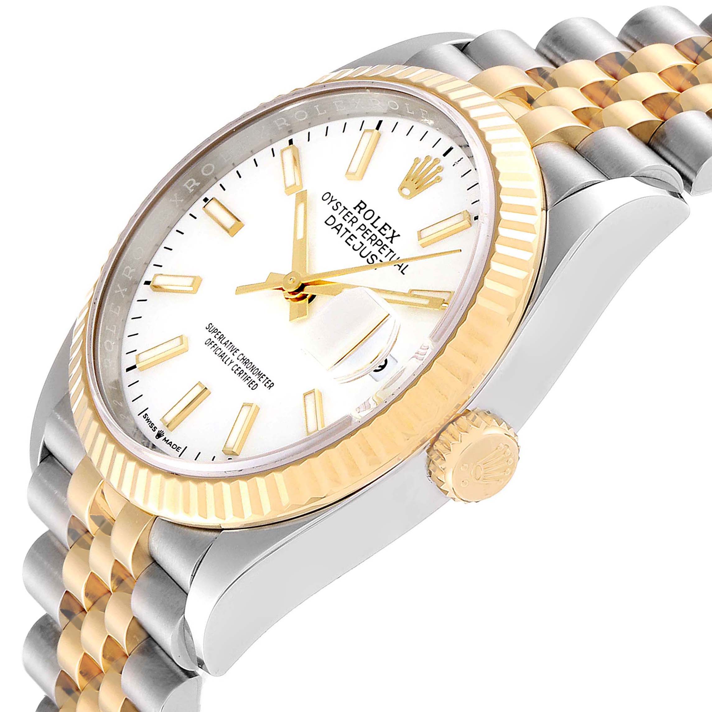 The image shows a side angle of the Rolex Datejust 126233 Men's Steel and Gold (two tone) White Dial 126233 Men's Steel and Gold (two tone) White Dial with a clear view of the crown, bezel, face, and part of the bracelet.