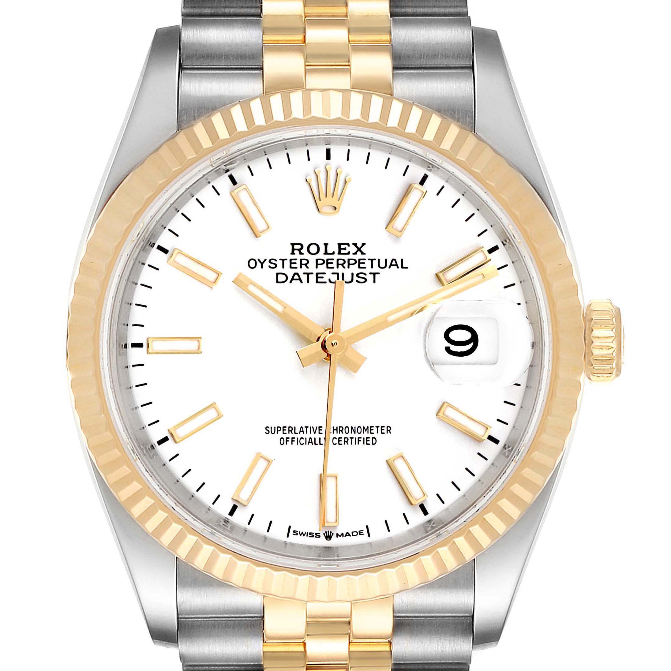 This image shows a frontal view of the Rolex Datejust 126233 Men's Steel and Gold (two tone) White Dial 126233 Men's Steel and Gold (two tone) White Dial watch, highlighting its dial, hands, date window, and two-tone bracelet.