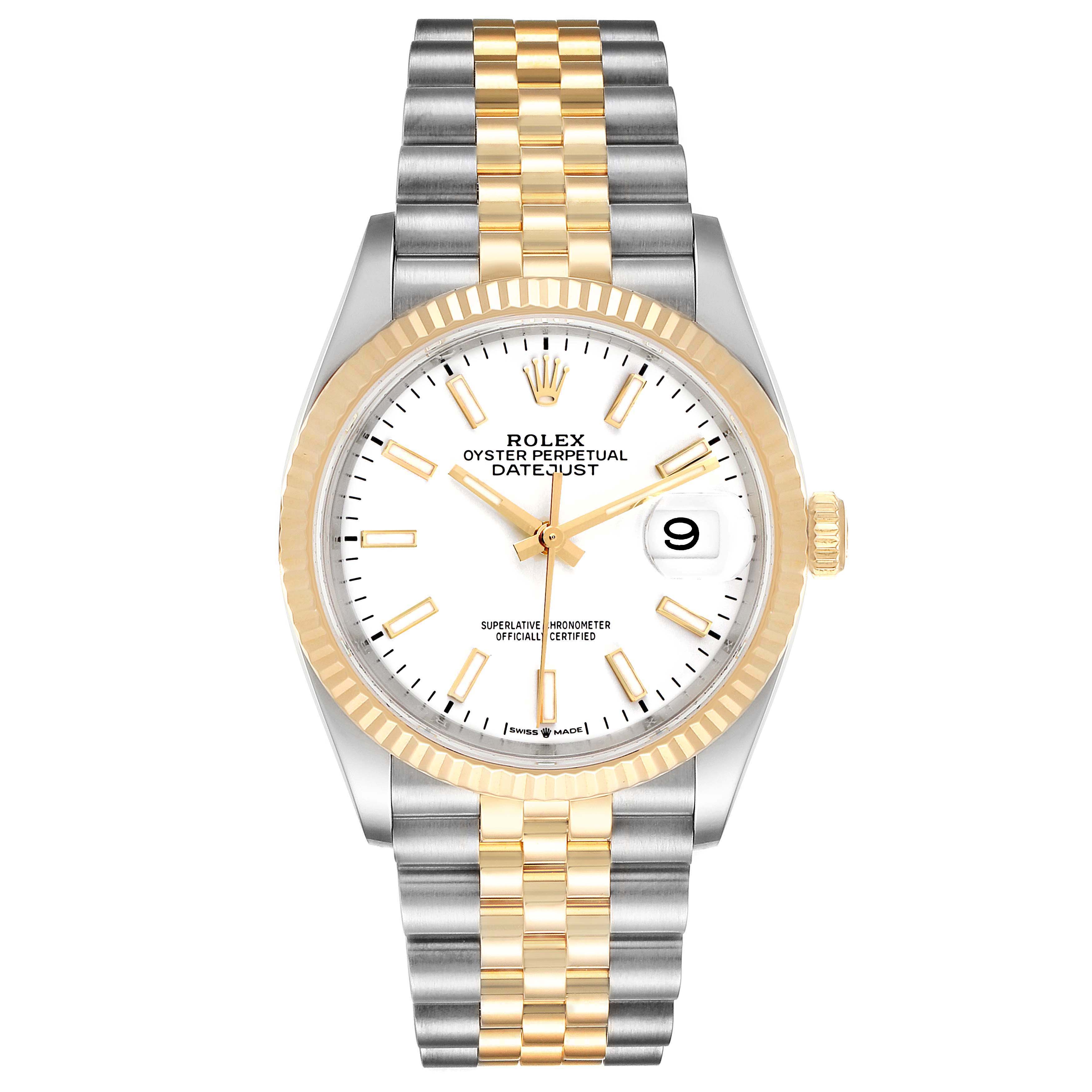 The image shows a Rolex Datejust 126233 Men's Steel and Gold (two tone) White Dial 126233 Men's Steel and Gold (two tone) White Dial watch from a front view, featuring a white dial, fluted bezel, and two-tone Jubilee bracelet.