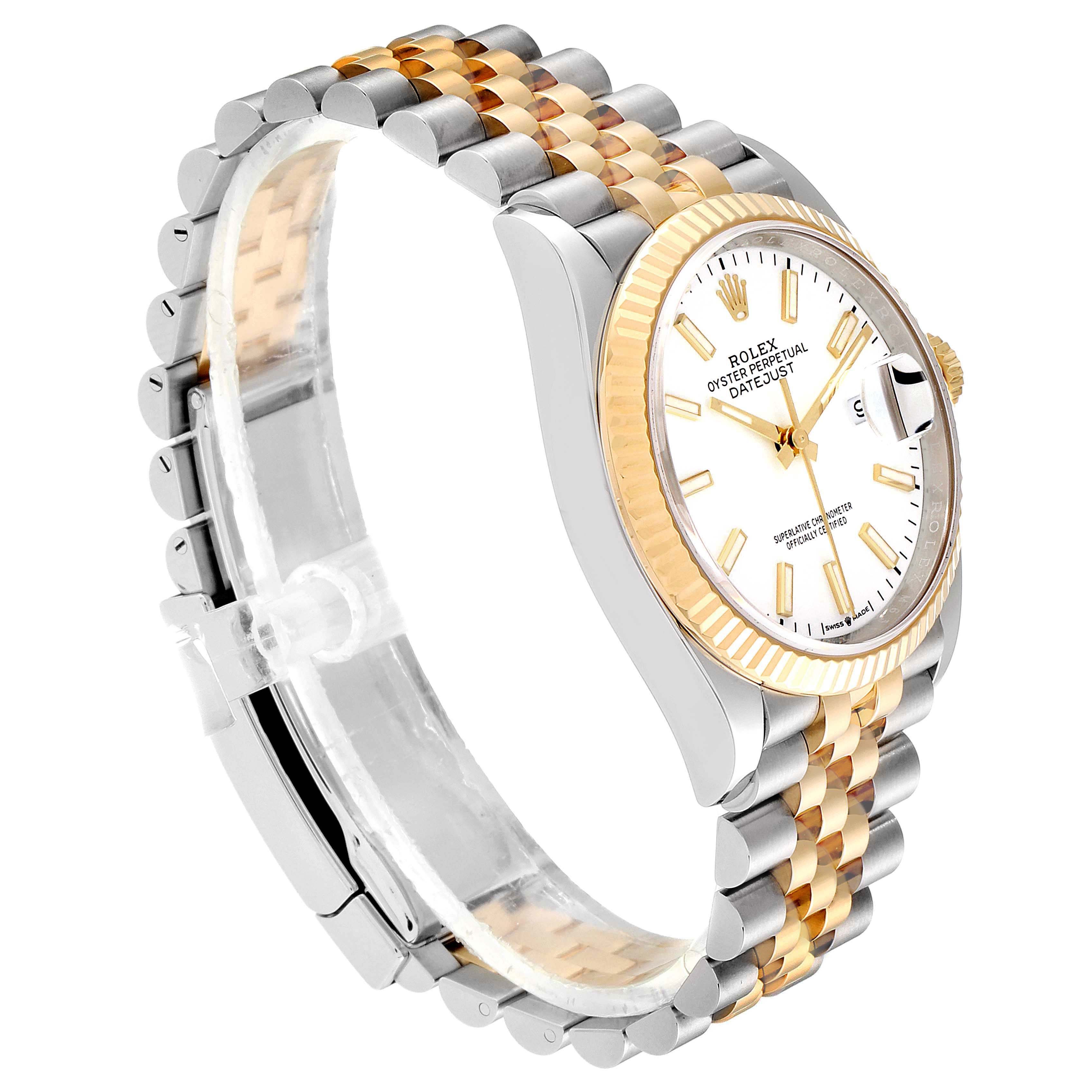 This image shows a side view of a Rolex Datejust 126233 Men's Steel and Gold (two tone) White Dial 126233 Men's Steel and Gold (two tone) White Dial watch, highlighting the case, bezel, and two-tone bracelet.