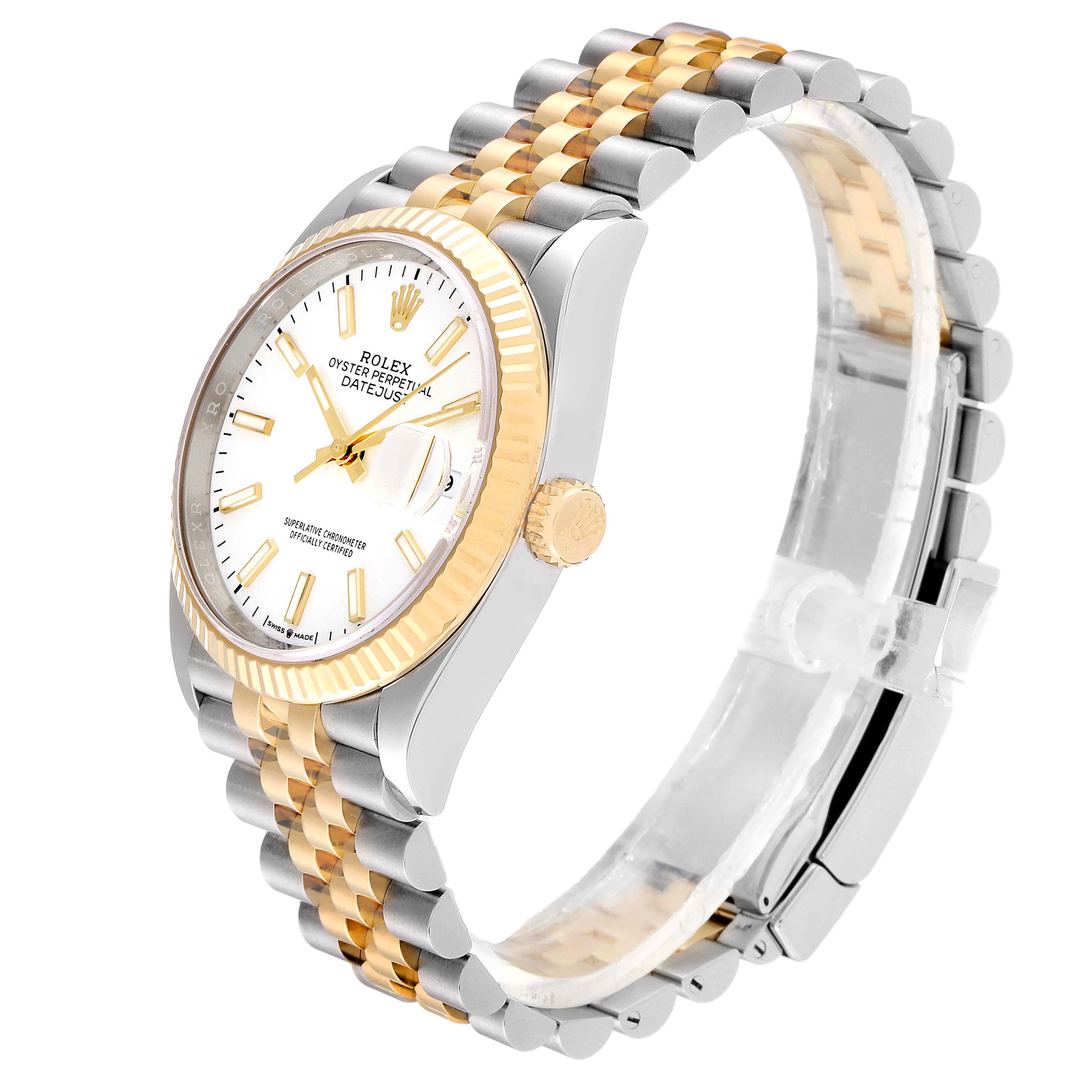 The image shows a Rolex Datejust 126233 Men's Steel and Gold (two tone) White Dial 126233 Men's Steel and Gold (two tone) White Dial watch angled to display the dial, fluted bezel, crown, and Jubilee bracelet.