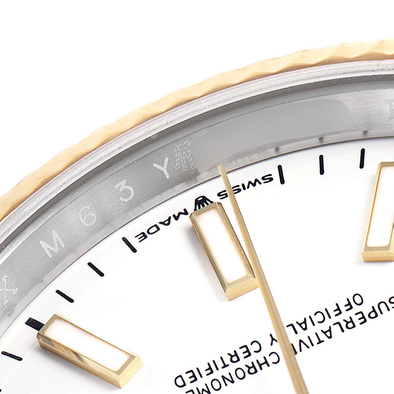 The image shows a close-up of the Rolex Datejust 126233 Men's Steel and Gold (two tone) White Dial 126233 Men's Steel and Gold (two tone) White Dial watch dial, including partial indices, hands, and "Swiss Made" text.