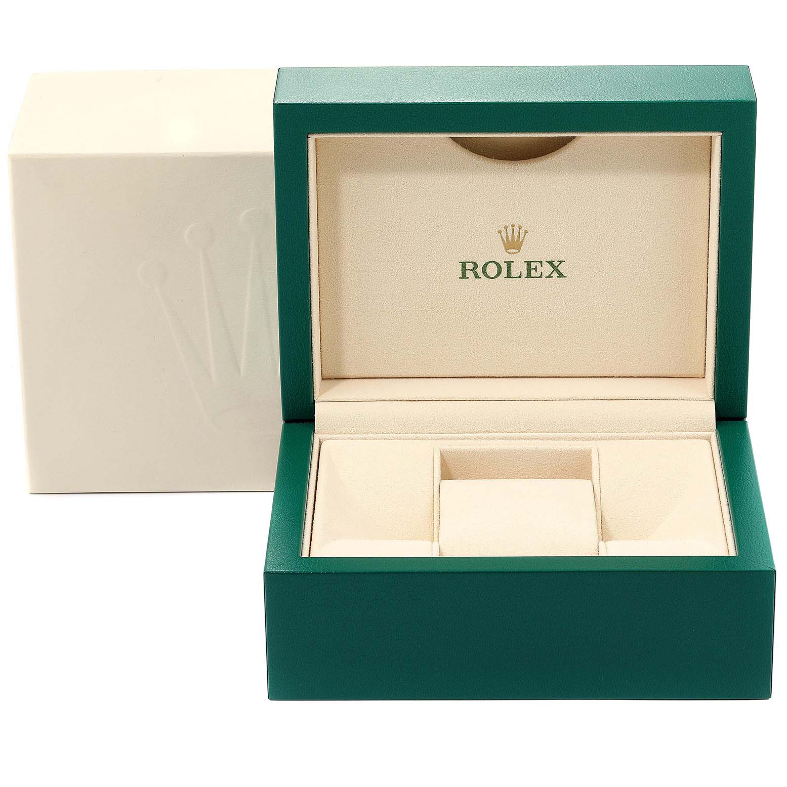 This image shows an open watch box for a Rolex Datejust 126233 Men's Steel and Gold (two tone) White Dial 126233 Men's Steel and Gold (two tone) White Dial, featuring a green exterior and beige interior.