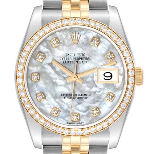 The close-up image displays the face of a Rolex Datejust watch, featuring a diamond-encrusted bezel and a mother of pearl dial.