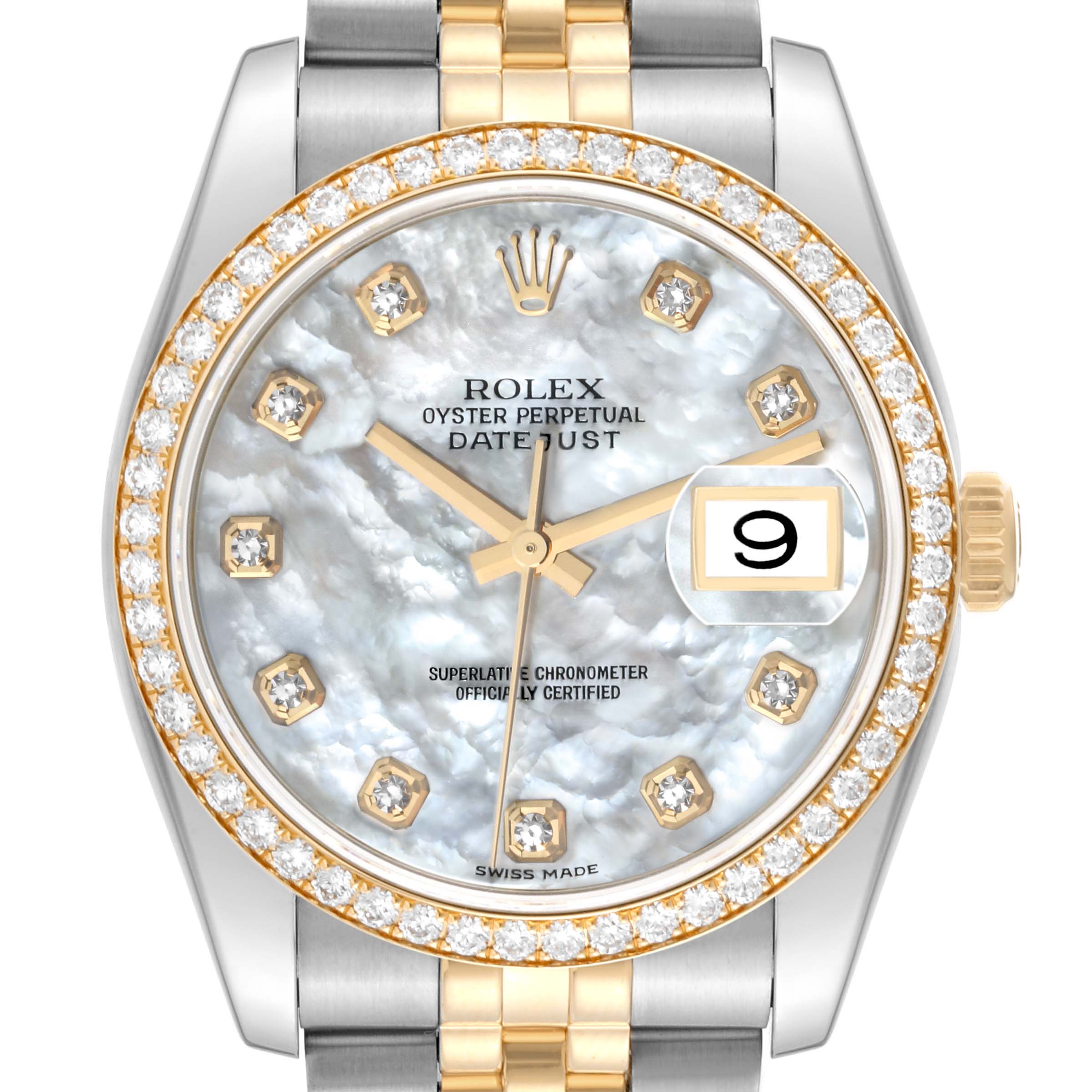 The image shows a front view of a Rolex Datejust 116243 Men's Steel and Gold (two tone) Mother of Pearl Dial 116243 Men's Steel and Gold (two tone) Mother of Pearl Dial watch, highlighting its dial, bezel, and part of the bracelet.