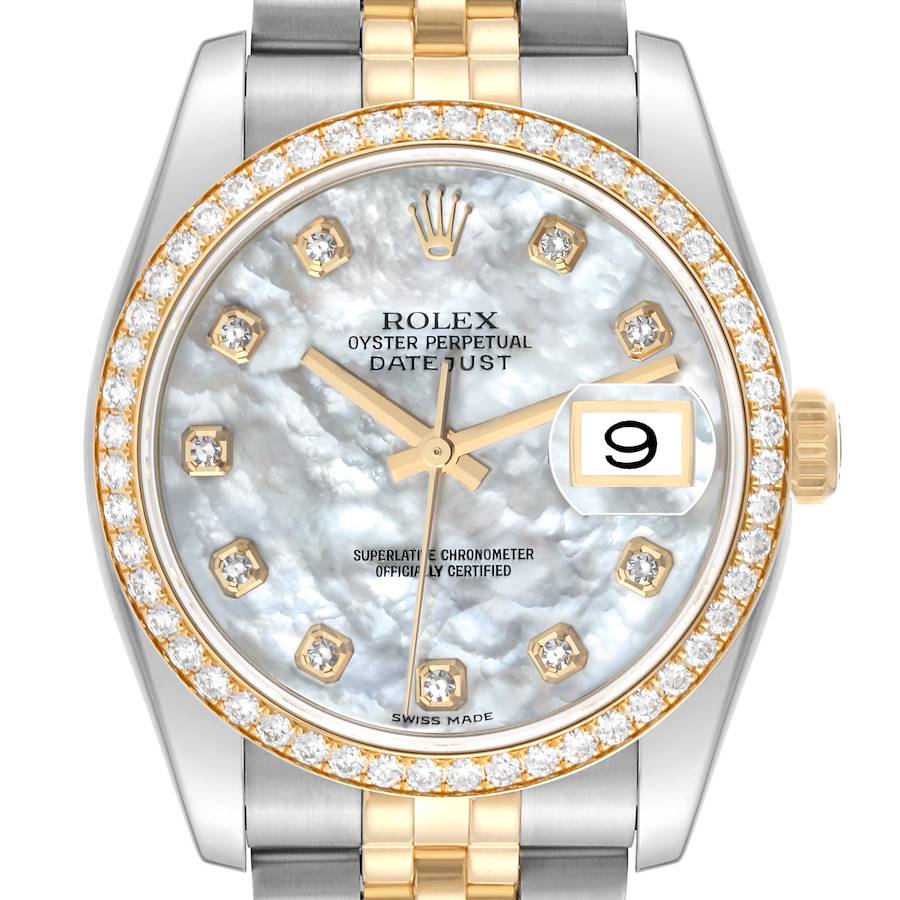 Rolex Datejust Steel Yellow Gold Mother of Pearl Diamond Dial Mens Watch 116243 Box Card SwissWatchExpo