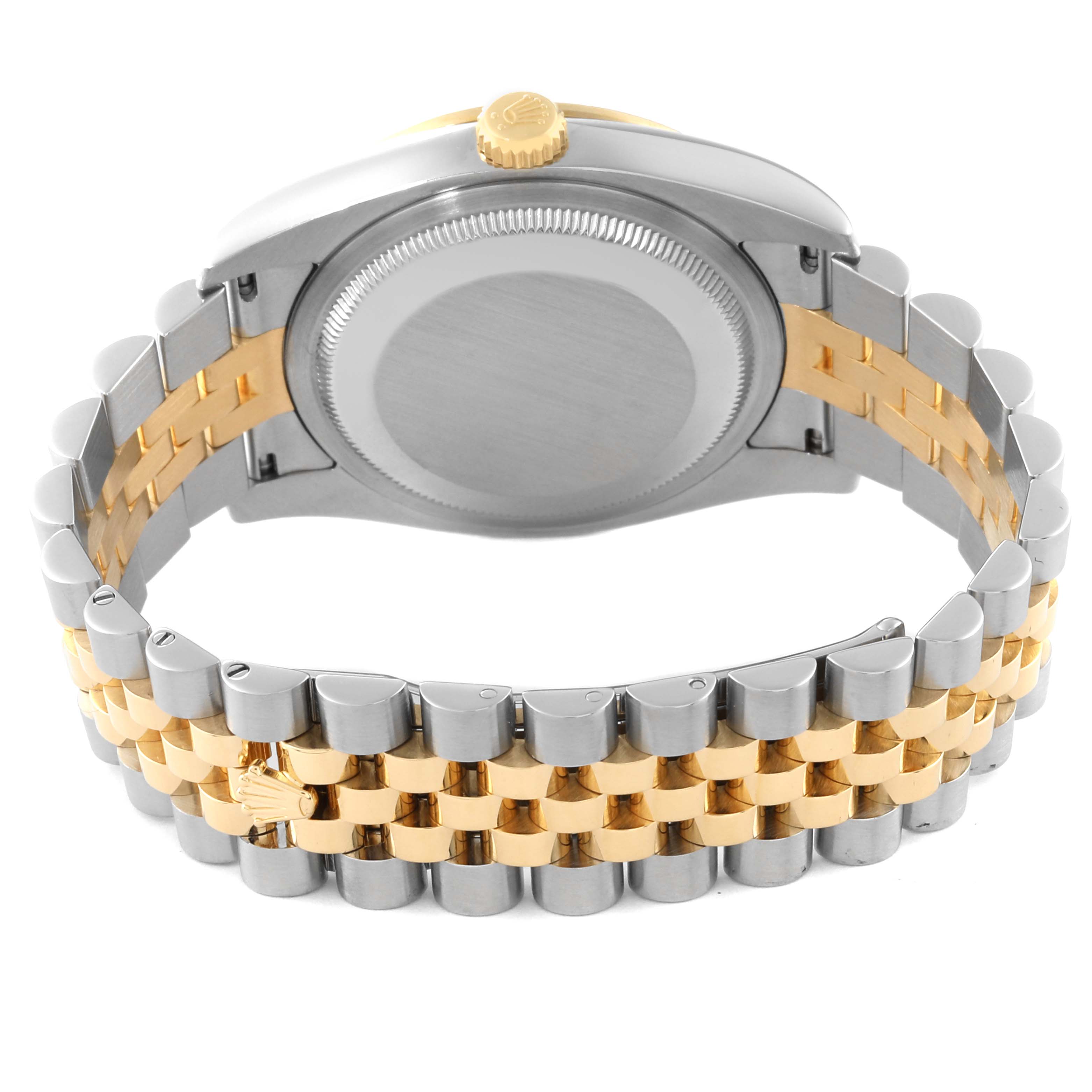 This image shows the back of the Rolex Datejust 116243 Men's Steel and Gold (two tone) Mother of Pearl Dial 116243 Men's Steel and Gold (two tone) Mother of Pearl Dial watch, highlighting its two-tone metal bracelet and case back.