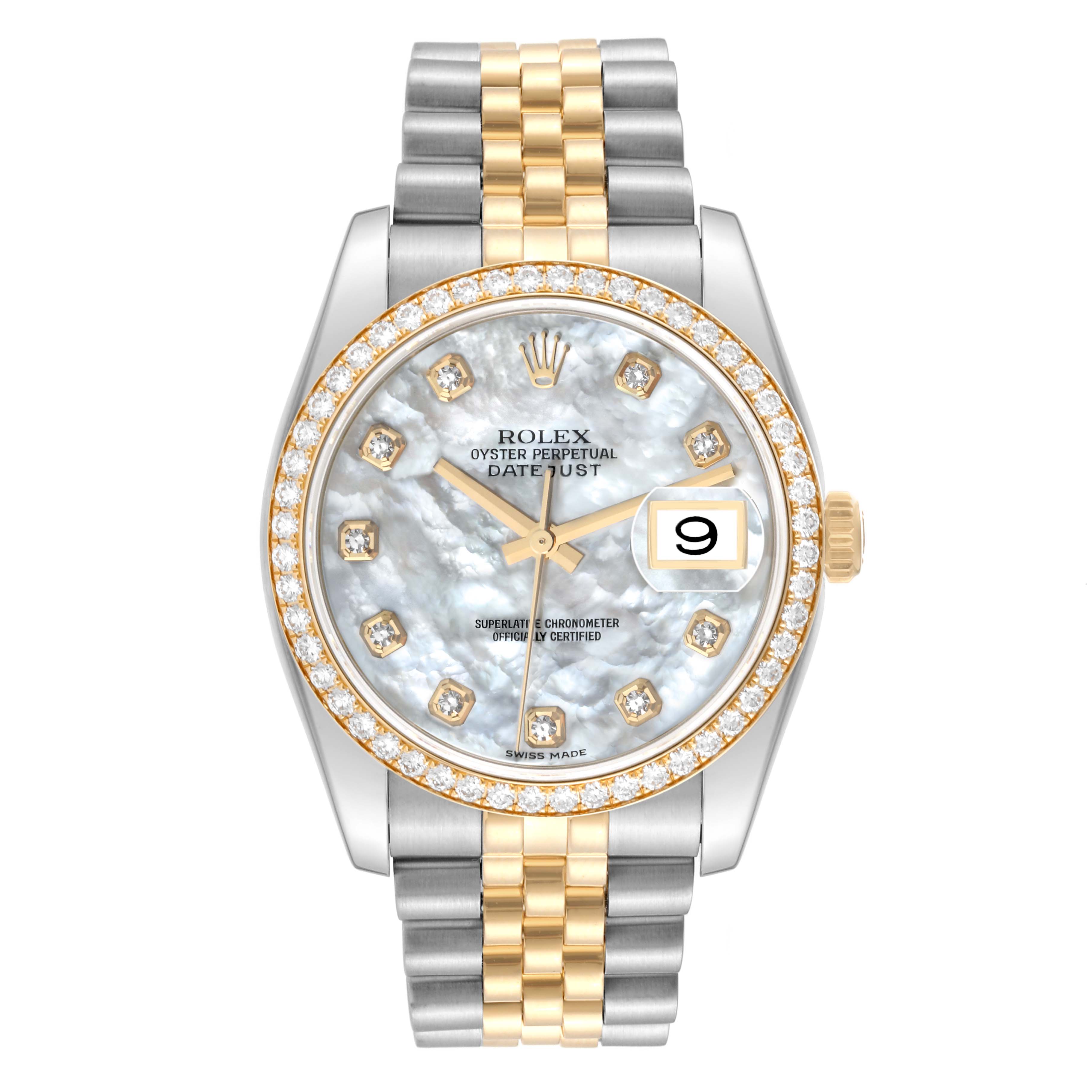 The image shows a front view of a Rolex Datejust 116243 Men's Steel and Gold (two tone) Mother of Pearl Dial 116243 Men's Steel and Gold (two tone) Mother of Pearl Dial watch with a diamond bezel and a two-tone bracelet.