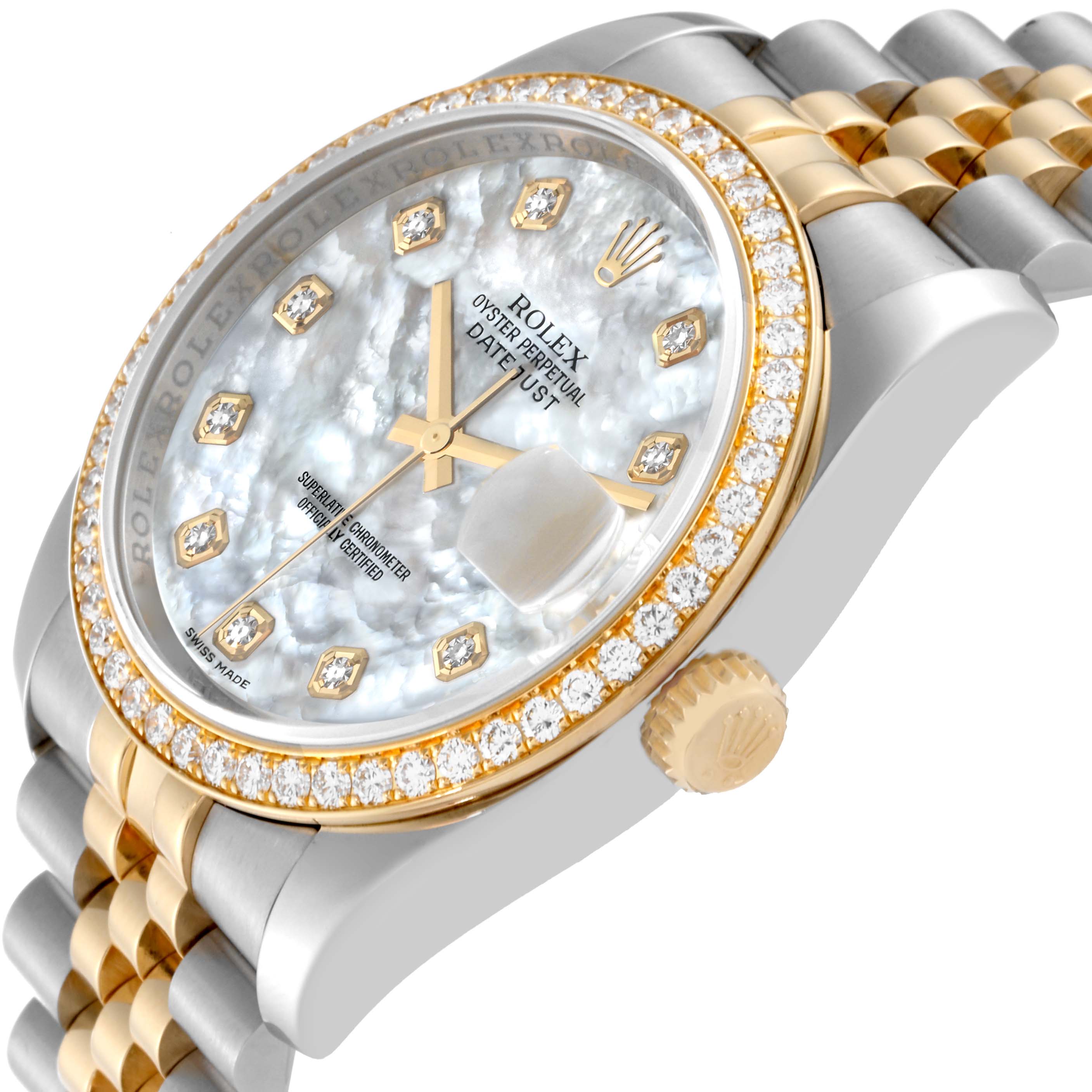 This image shows a close-up of the Rolex Datejust 116243 Men's Steel and Gold (two tone) Mother of Pearl Dial 116243 Men's Steel and Gold (two tone) Mother of Pearl Dial watch face, crown, and part of the bracelet at an angled perspective.