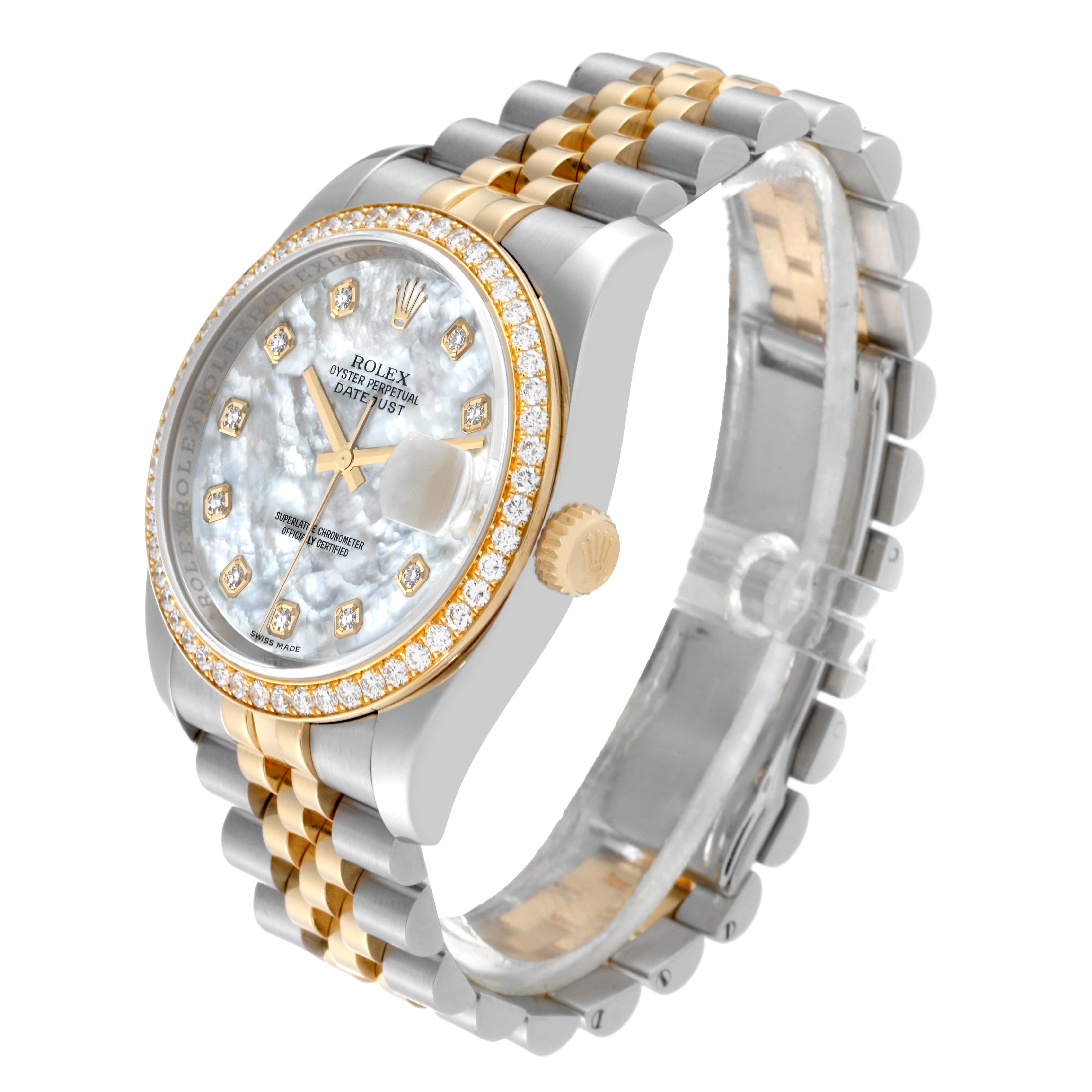 The Rolex Datejust 116243 Men's Steel and Gold (two tone) Mother of Pearl Dial 116243 Men's Steel and Gold (two tone) Mother of Pearl Dial watch is shown at an angle, displaying its mother-of-pearl dial, diamond-studded bezel, and two-tone bracelet.