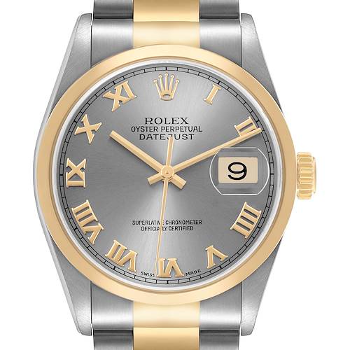 The Rolex Datejust 16203 Men's Stainless Steel Grey Dial watch is shown from a frontal angle, displaying the dial, bezel, crown, and part of the bracelet.