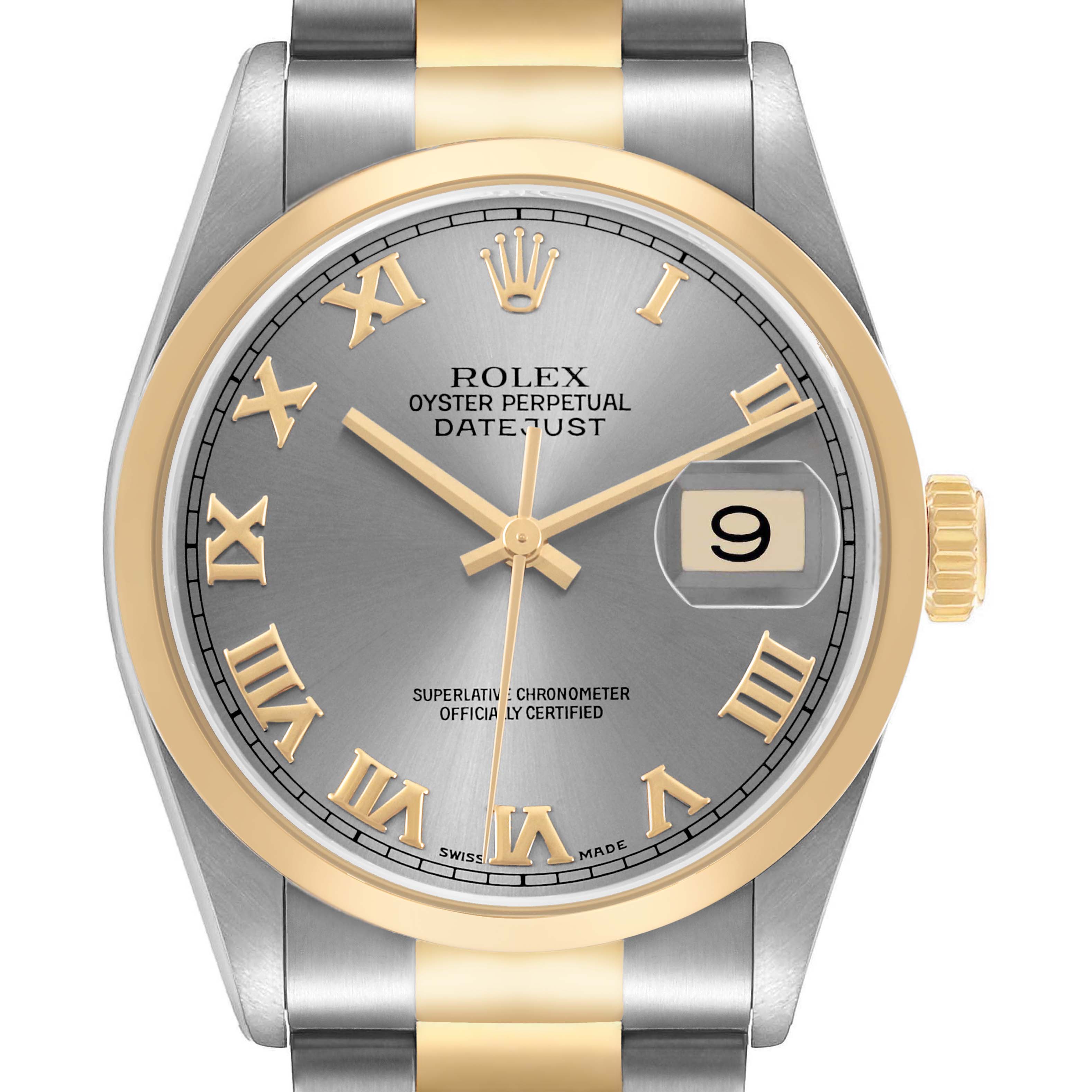 The Rolex Datejust 16203 Men's Stainless Steel Grey Dial watch is shown from a front angle, highlighting the dial, hands, Roman numerals, date window, bezel, and part of the bracelet.