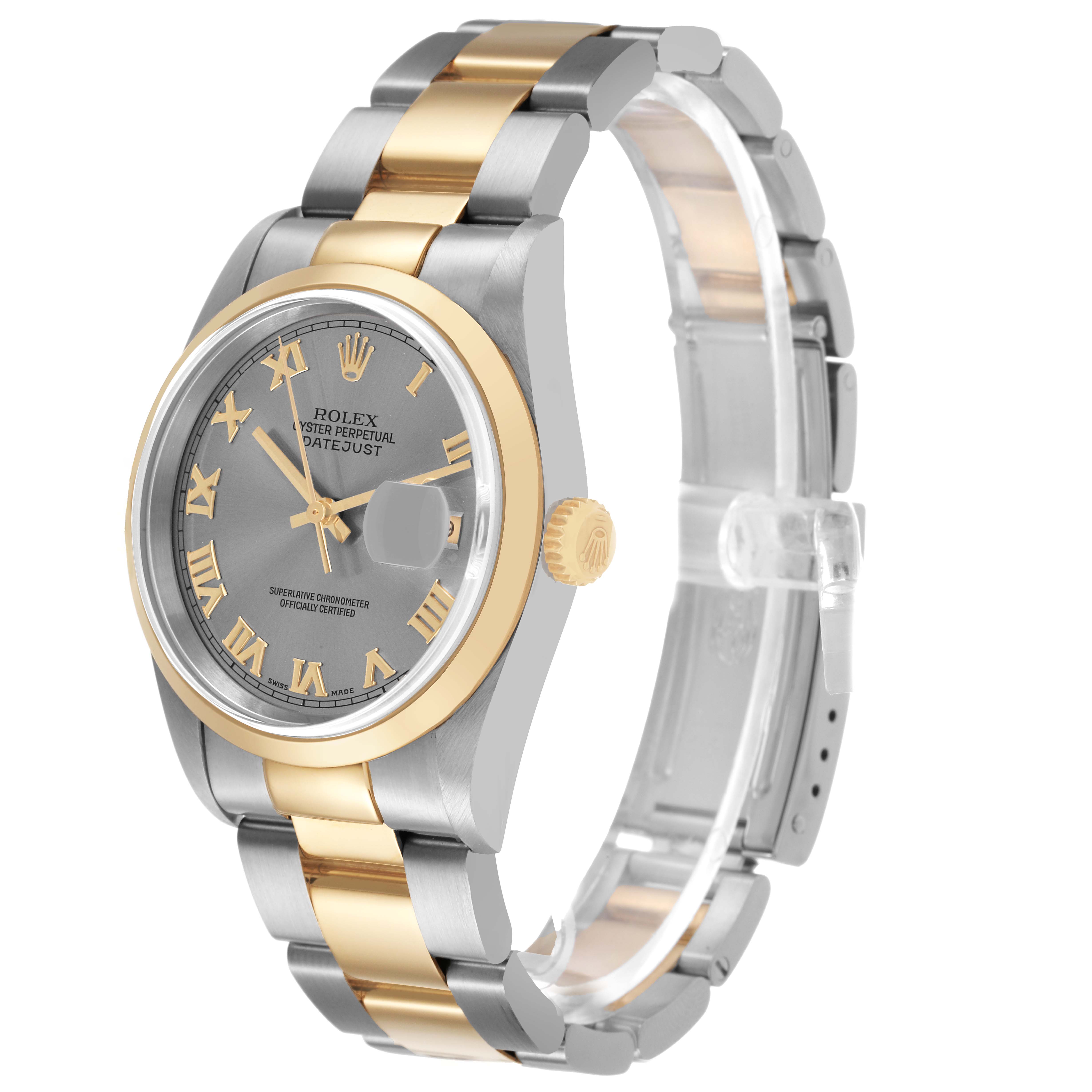 The Rolex Datejust 16203 Men's Stainless Steel Grey Dial watch is shown at a three-quarter angle, displaying the dial, bezel, crown, and bracelet.