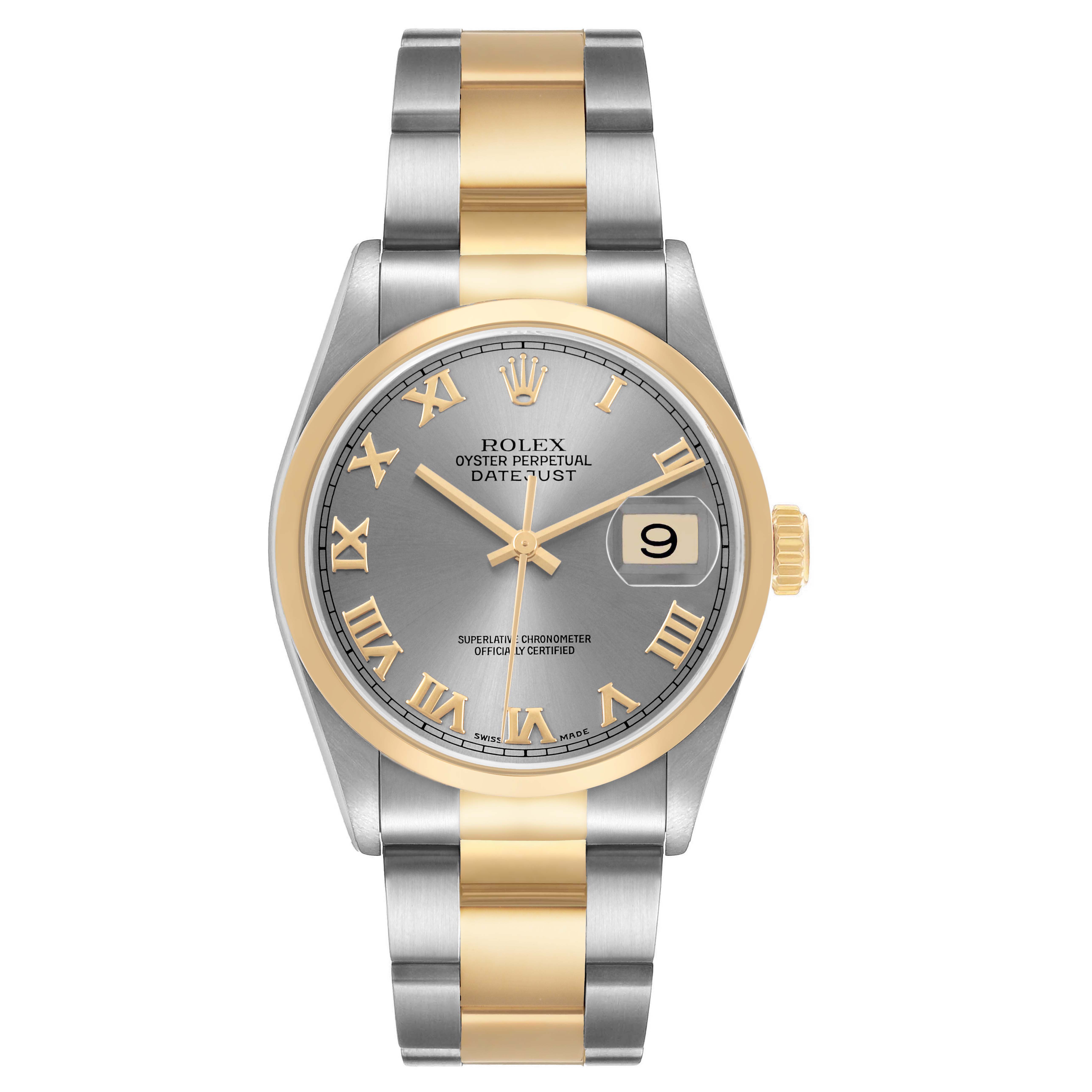 The Rolex Datejust 16203 Men's Stainless Steel Grey Dial watch is shown from a front angle, displaying its dial, bezel, watch hands, bracelet, and date window.