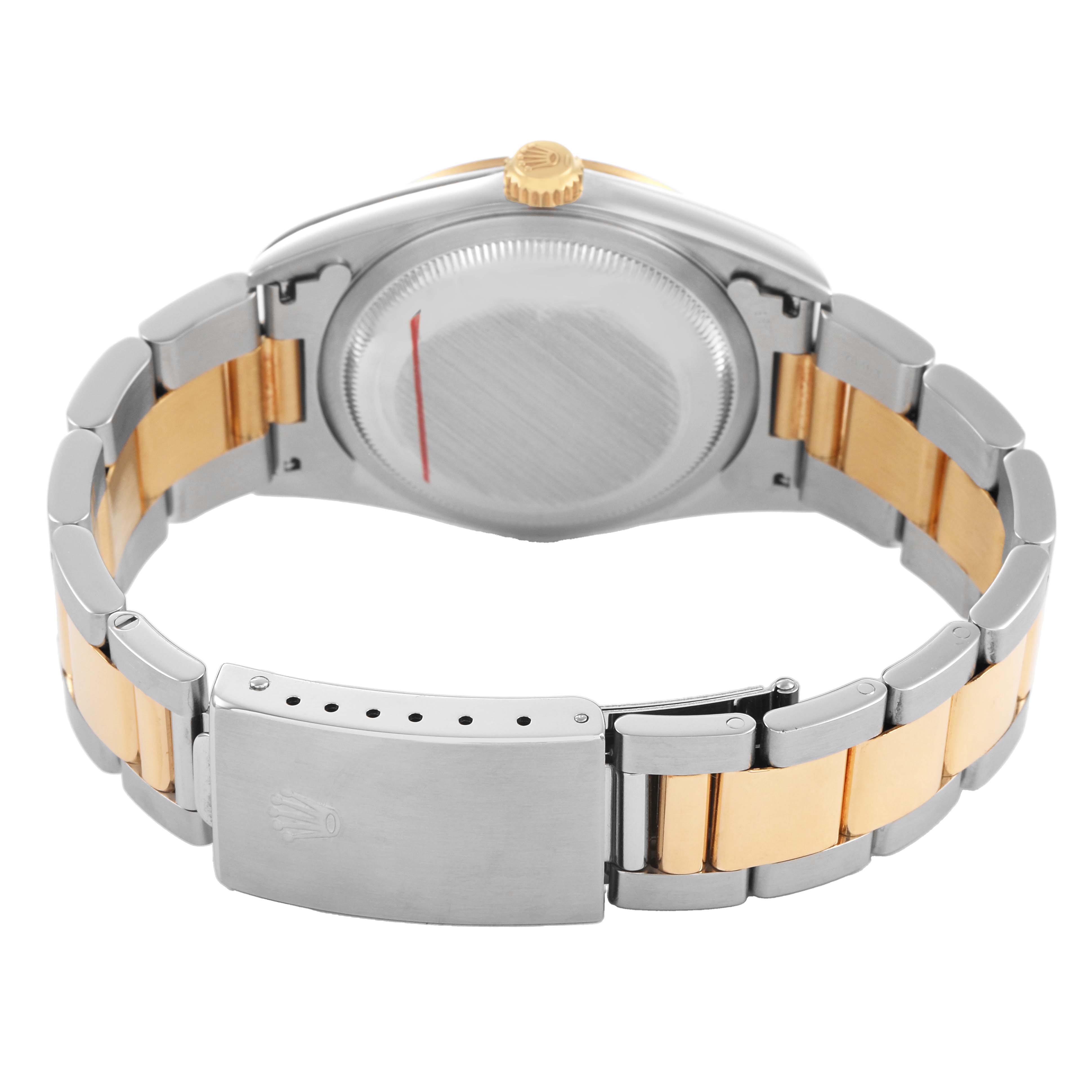 The image shows the Rolex Datejust 16203 Men's Stainless Steel Grey Dial from the back, highlighting the clasp, bracelet, and case back.