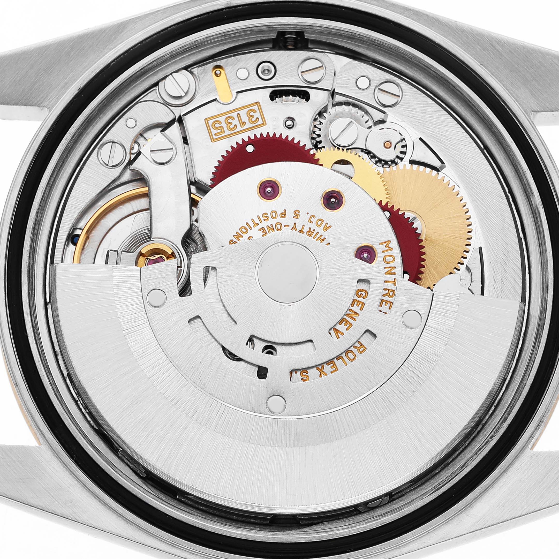 The image shows the movement of a Rolex Datejust 16203 Men's Stainless Steel Grey Dial watch from a top-down perspective, revealing intricate gears and components.