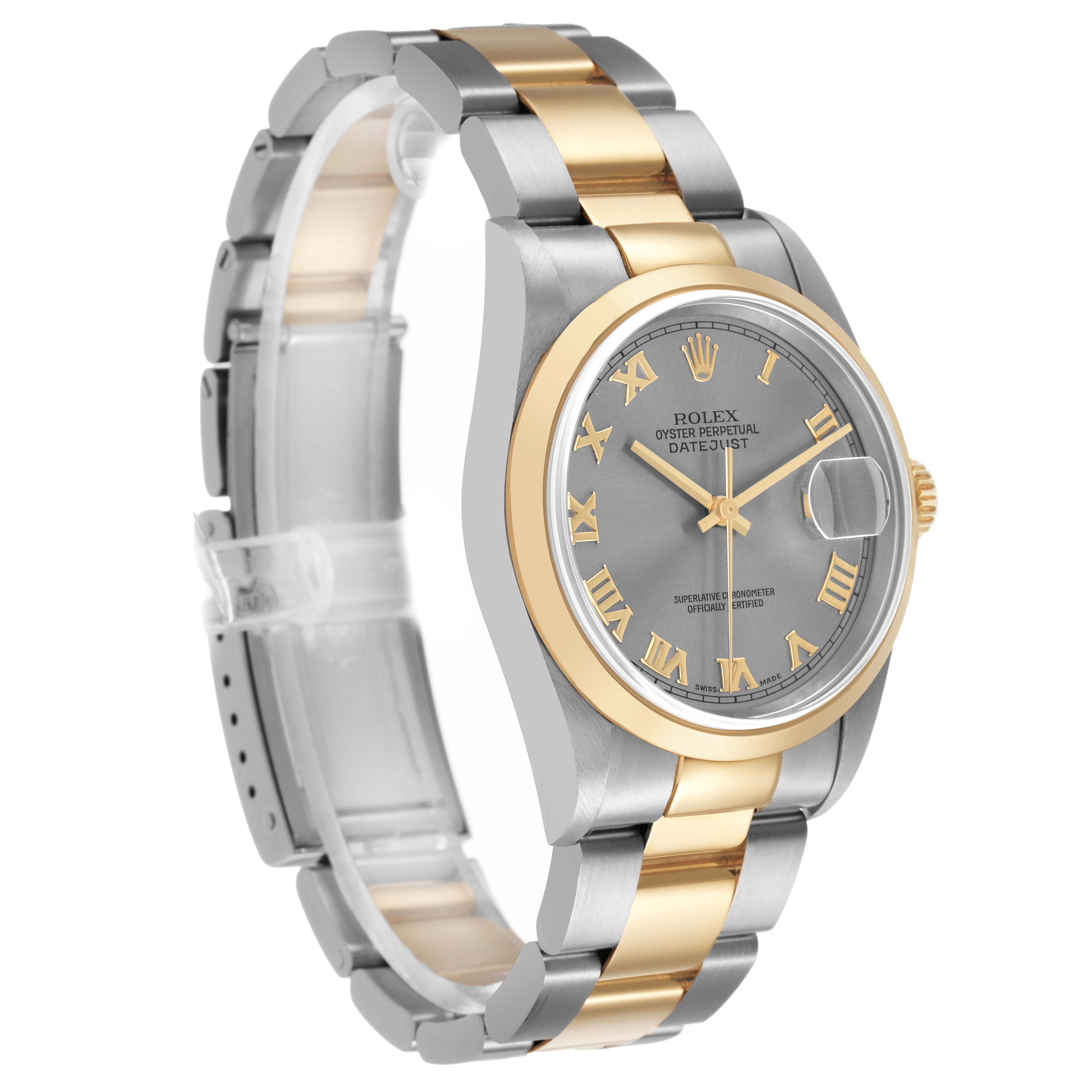 The Rolex Datejust 16203 Men's Stainless Steel Grey Dial watch is shown at a three-quarter angle, highlighting the face, bezel, and two-tone bracelet.